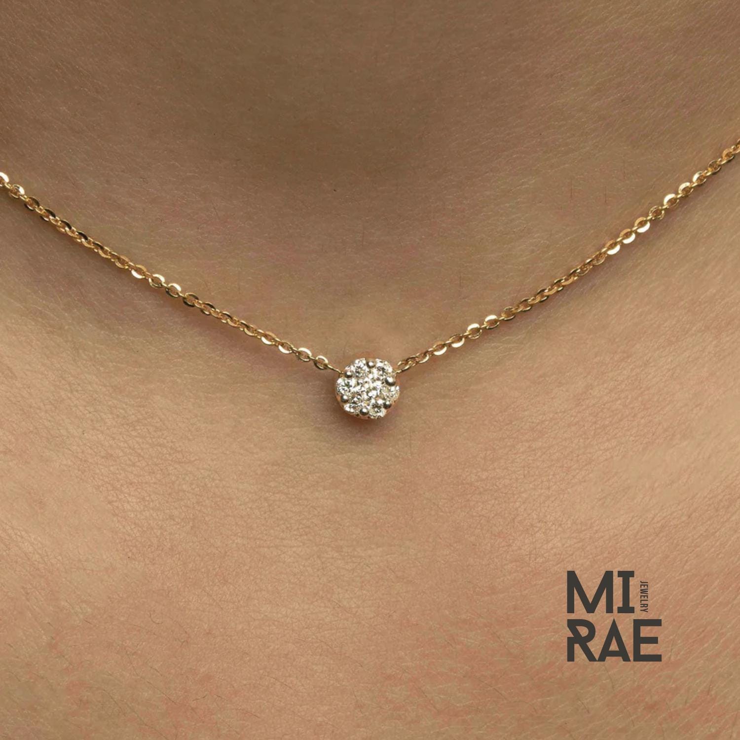 Halo Moissanite Necklace: 10K Gold or Sterling Silver, Dainty 16" Chain