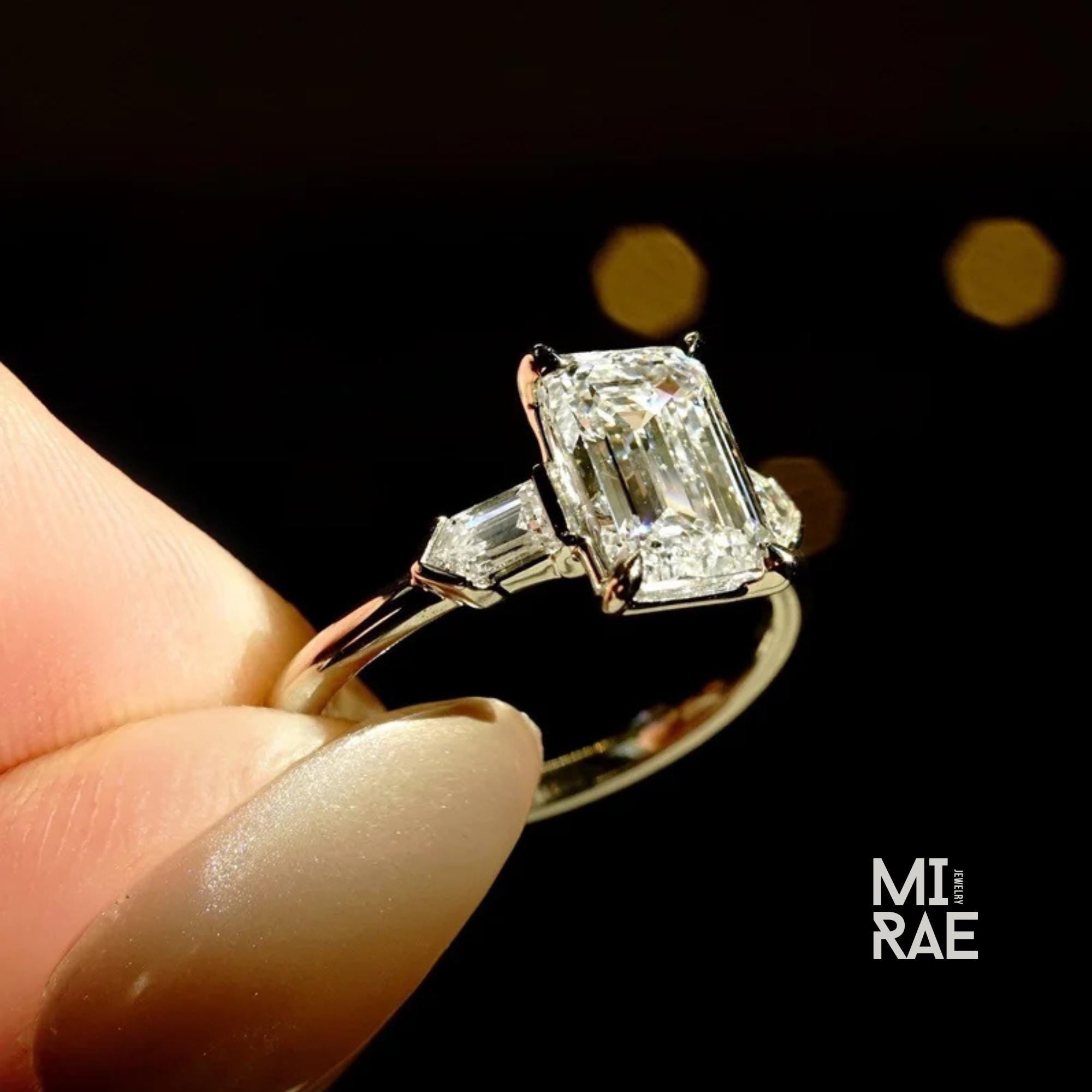 Emerald Cut 3 Carat Lab Grown Diamond Three Stone Engagement Ring 14K Solid Gold