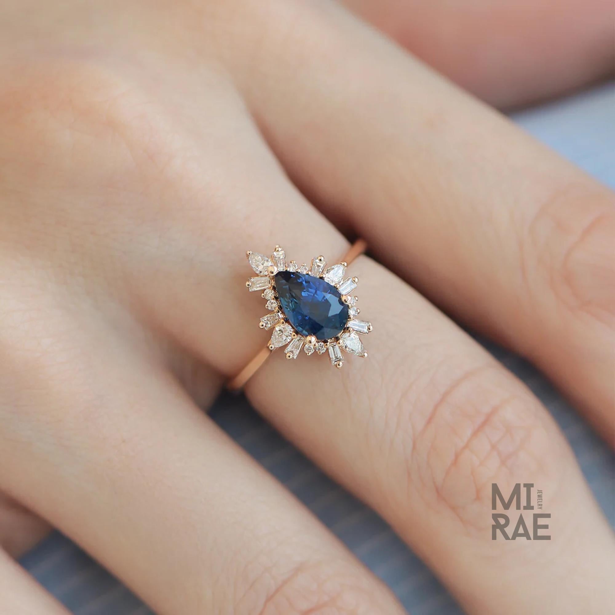 Sapphire & Diamond Drop Ring | Blue Ceylon Sapphire Halo Ring | Elegant Statement Ring