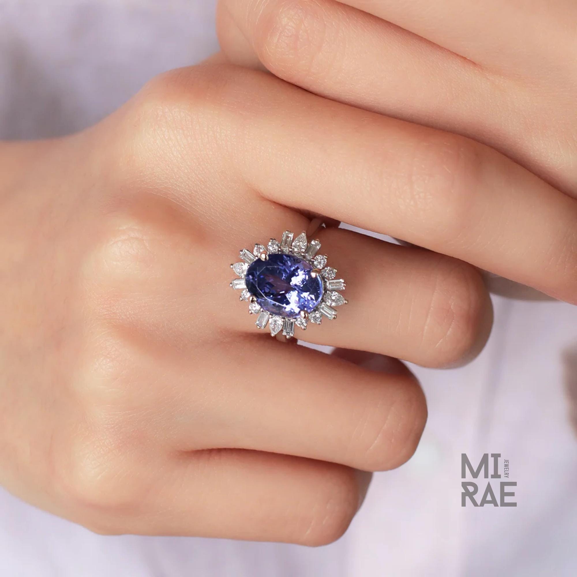 5 Carat Oval Tanzanite & Lab Diamond Halo Ring: 14k Gold Cocktail Ring