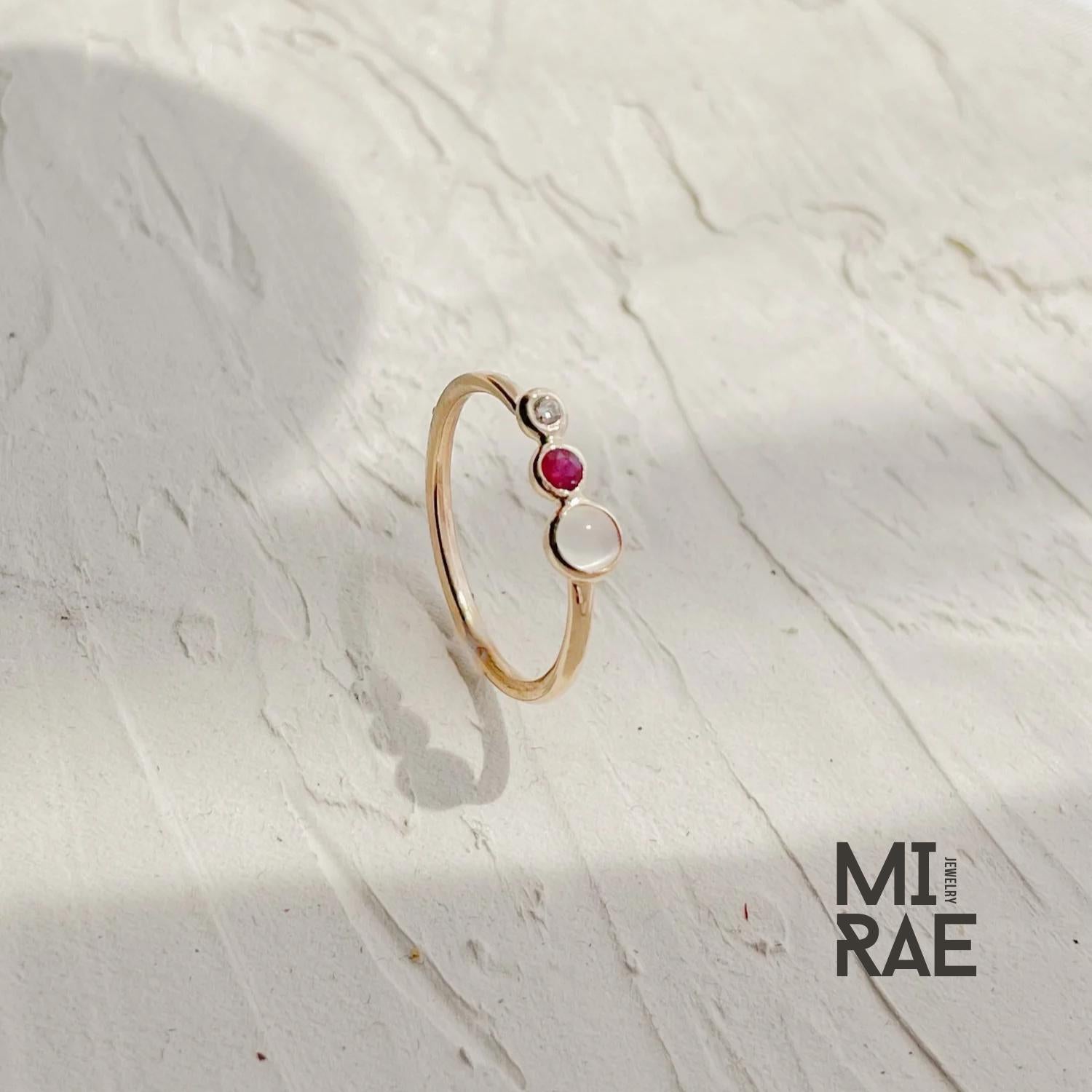 Moonstone Ruby Diamond 14K Gold Ring: Three Stone Wedding Band