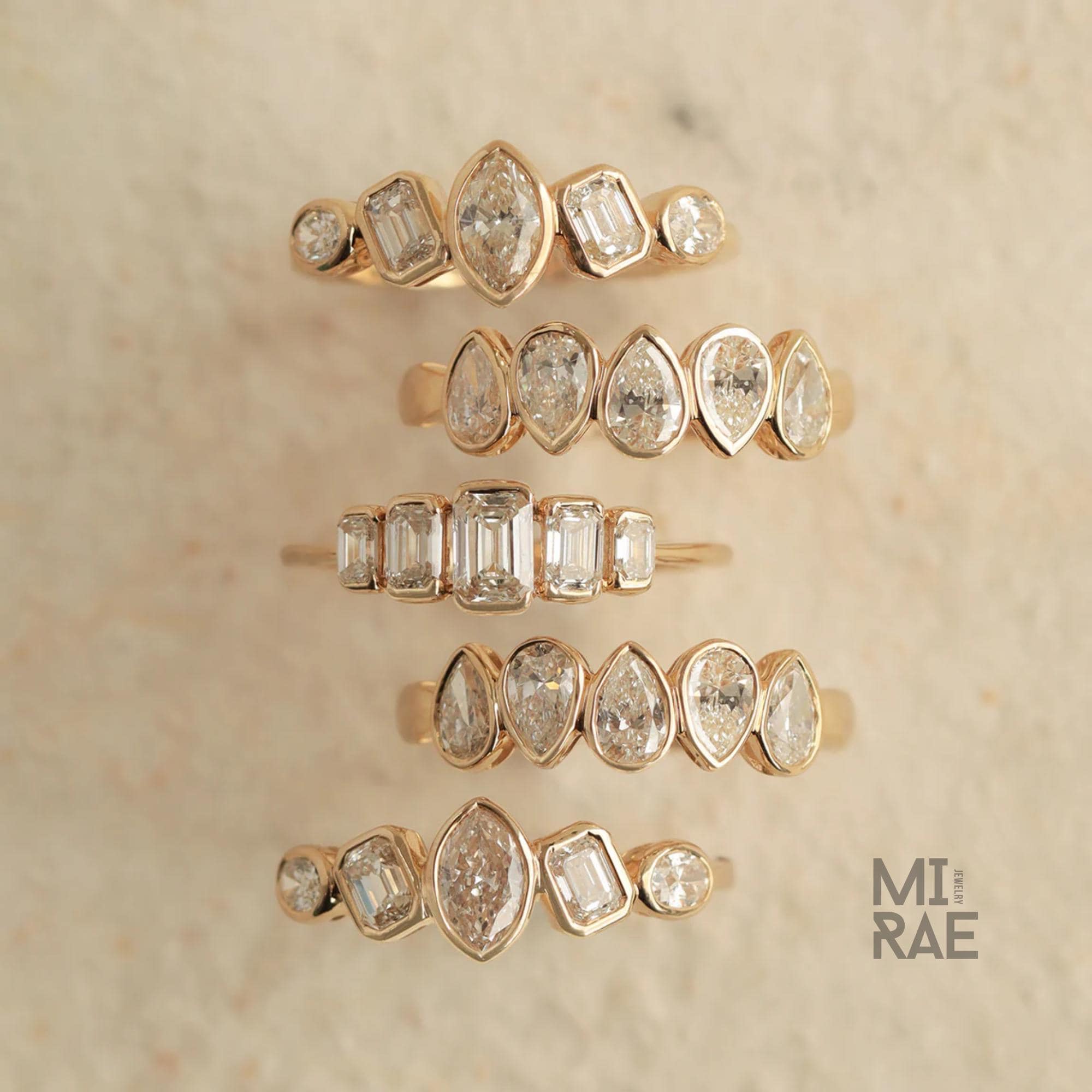 Marquise Oval Emerald Diamond Band | Multi Shape Lab Diamond Ring | Bezel Set Half Eternity Wedding Band