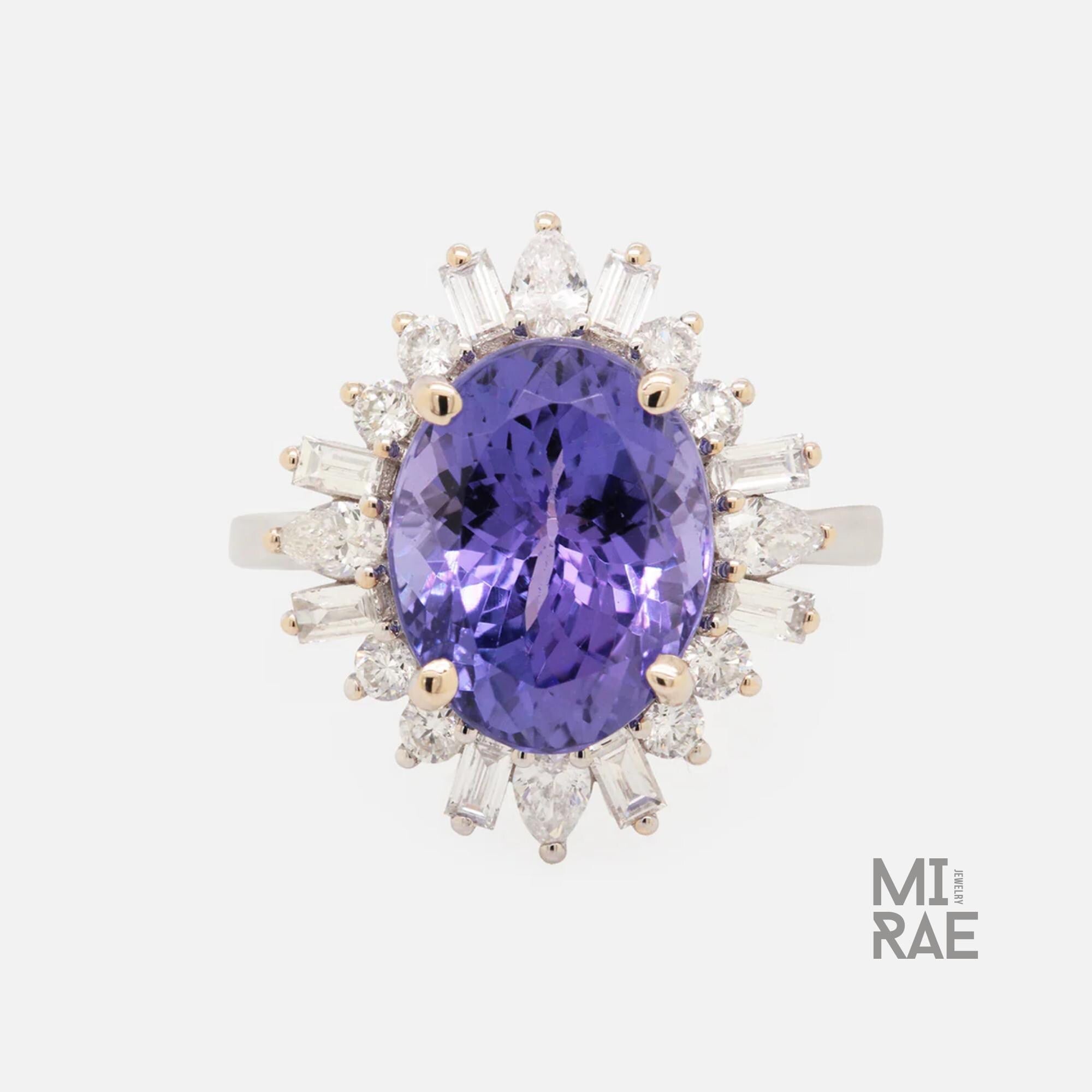 5 Carat Oval Tanzanite & Lab Diamond Halo Ring: 14k Gold Cocktail Ring