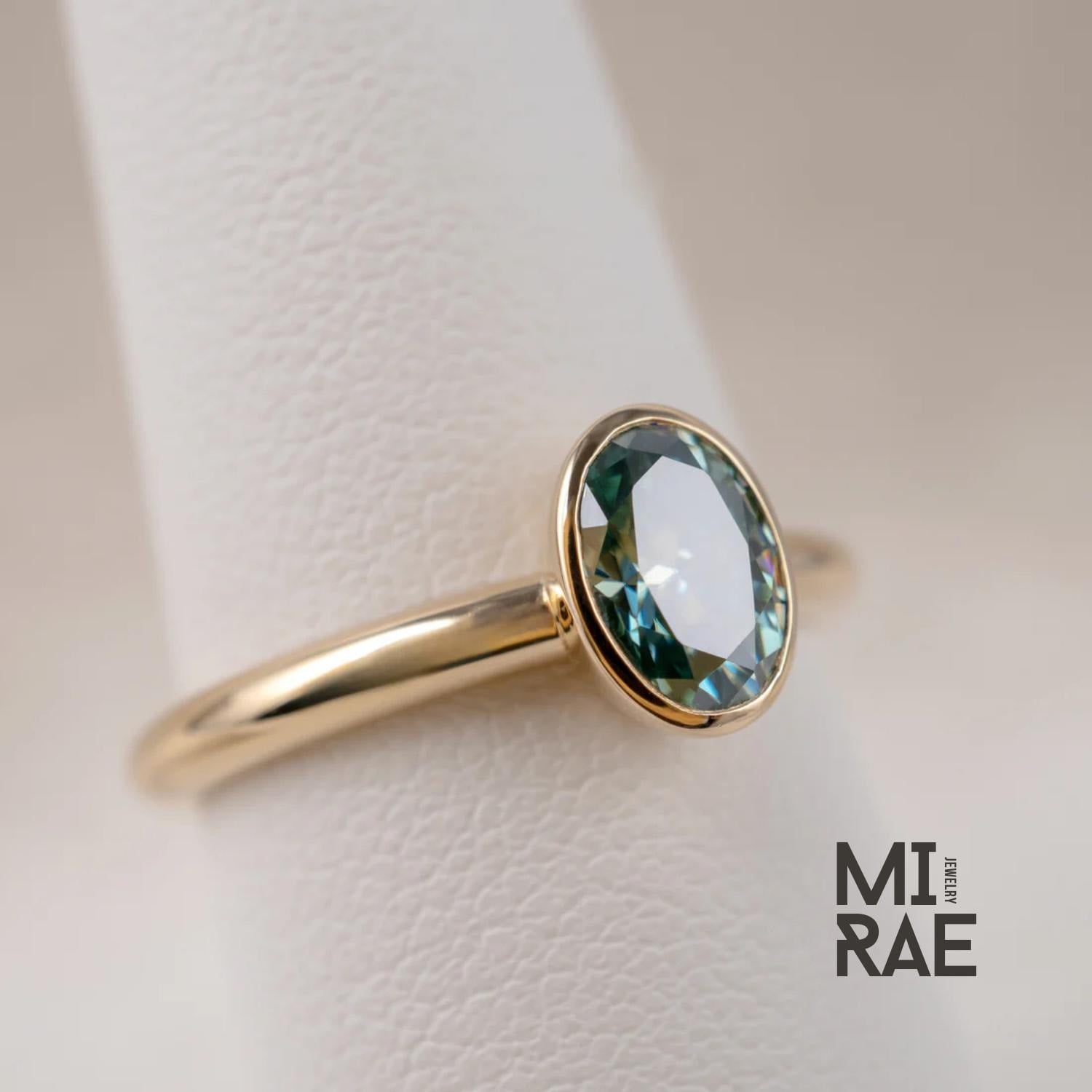 Teal Green Moissanite Ring Oval Cut 14K Yellow Gold Bezel Ring