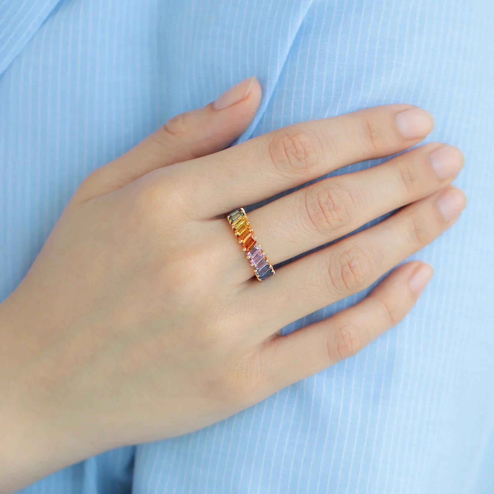 Rainbow Natural Sapphire Ring | Prismatic 14K Yellow Gold Multicolor Gemstone Ring | Bold Gradient Statement Jewelry