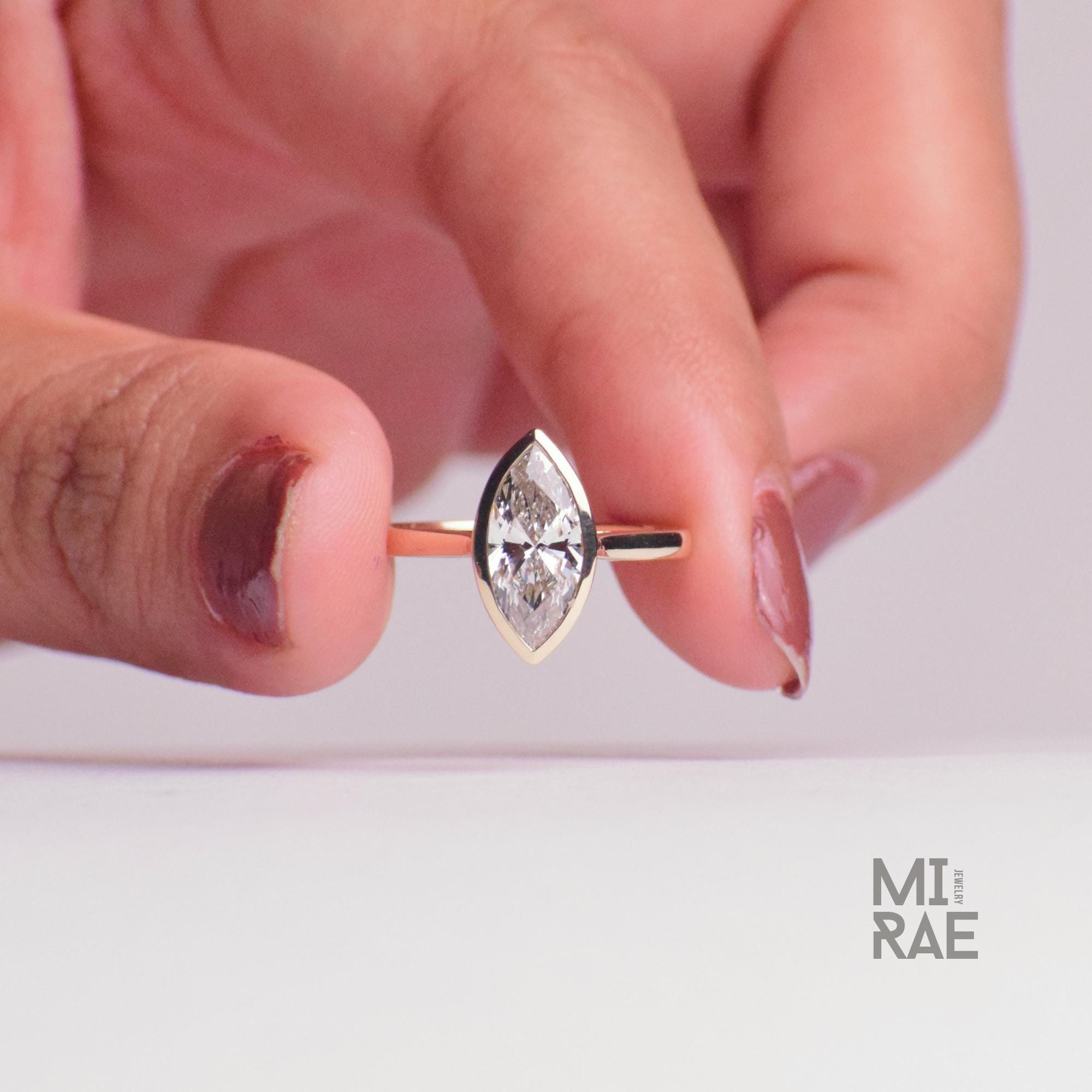 2 Carat Marquise Lab Created CVD Diamond Bezel Set Ring | 14K Gold Shank Engagement Ring | Vintage Modern Cathedral Bridal Jewellery