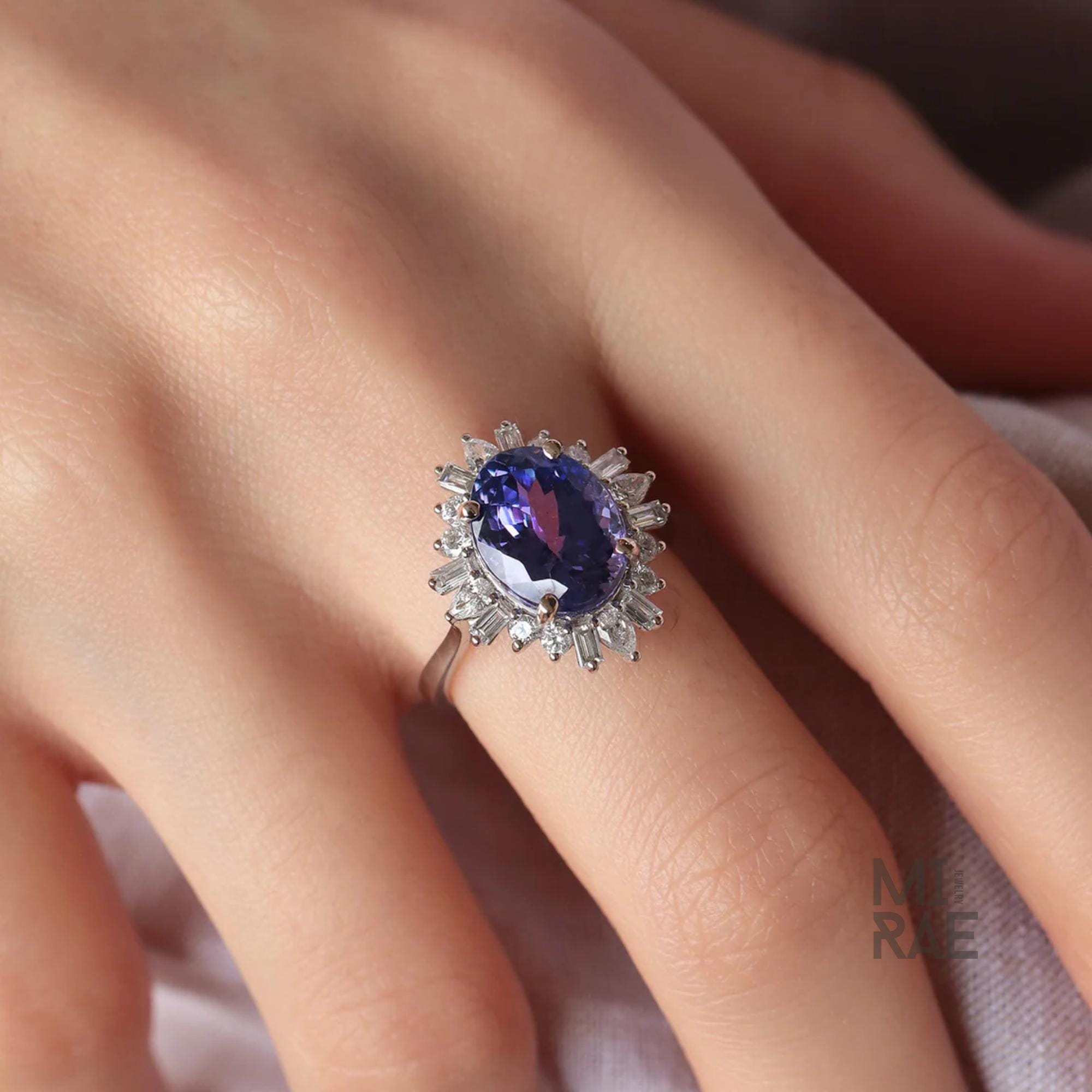 5 Carat Oval Tanzanite & Lab Diamond Halo Ring: 14k Gold Cocktail Ring