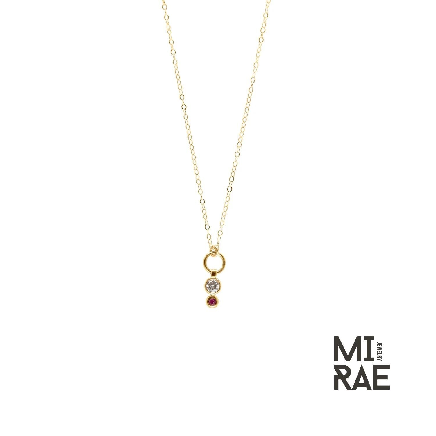 Dainty 14K Gold Diamond & Ruby Pendant Necklace: Minimalist Bezel Charm