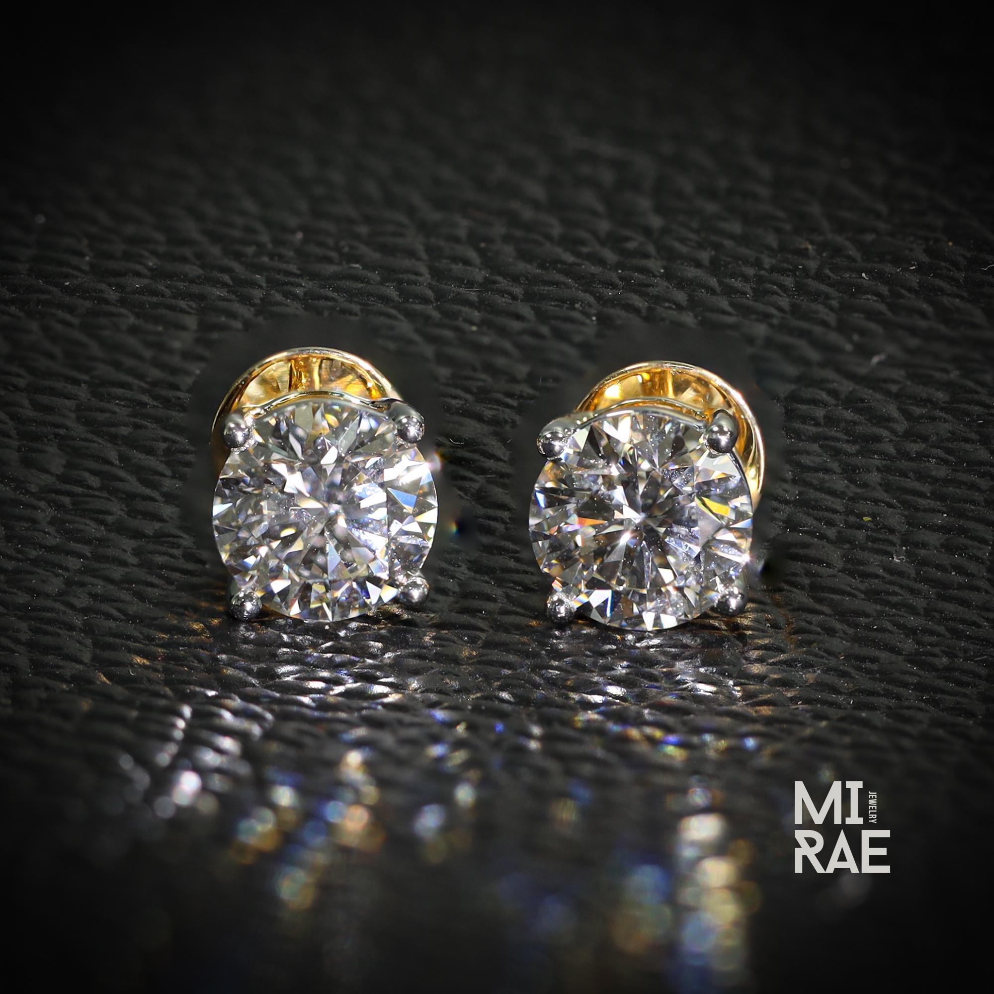 2 Carat Lab Grown Diamond Stud Earrings: Two-Tone Gold, F/VS