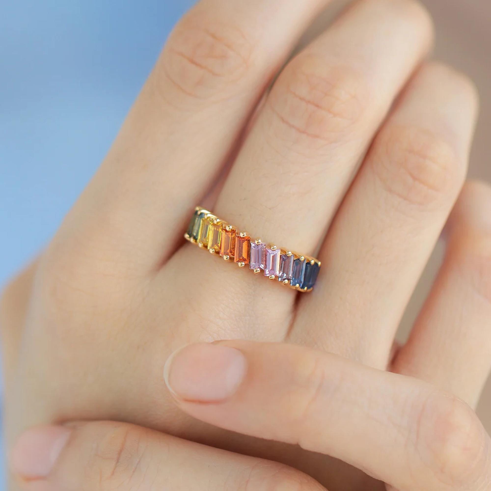 Rainbow Natural Sapphire Ring | Prismatic 14K Yellow Gold Multicolor Gemstone Ring | Bold Gradient Statement Jewelry