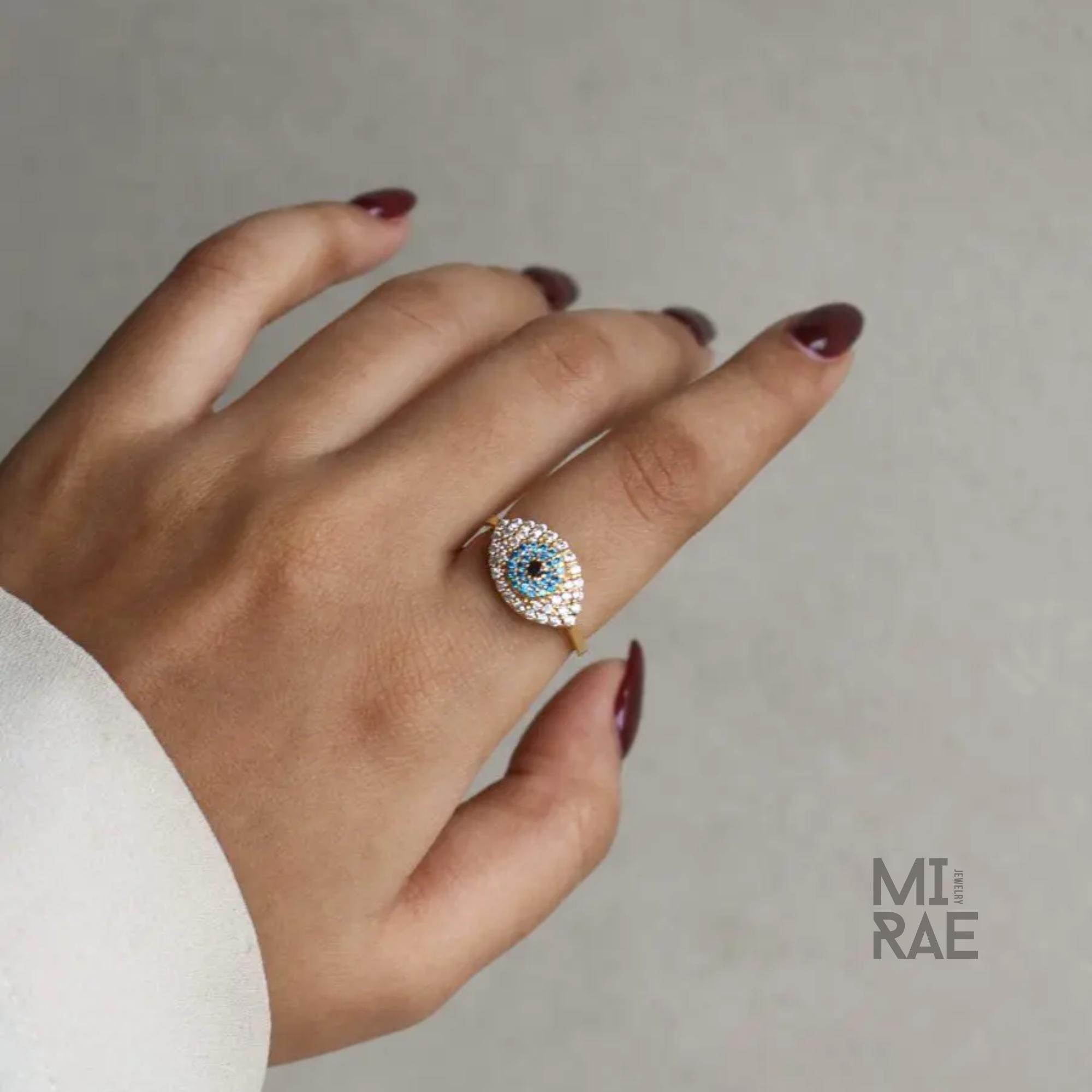 14k Gold Diamond Evil Eye Ring: Blue Sapphire Good Luck Charm