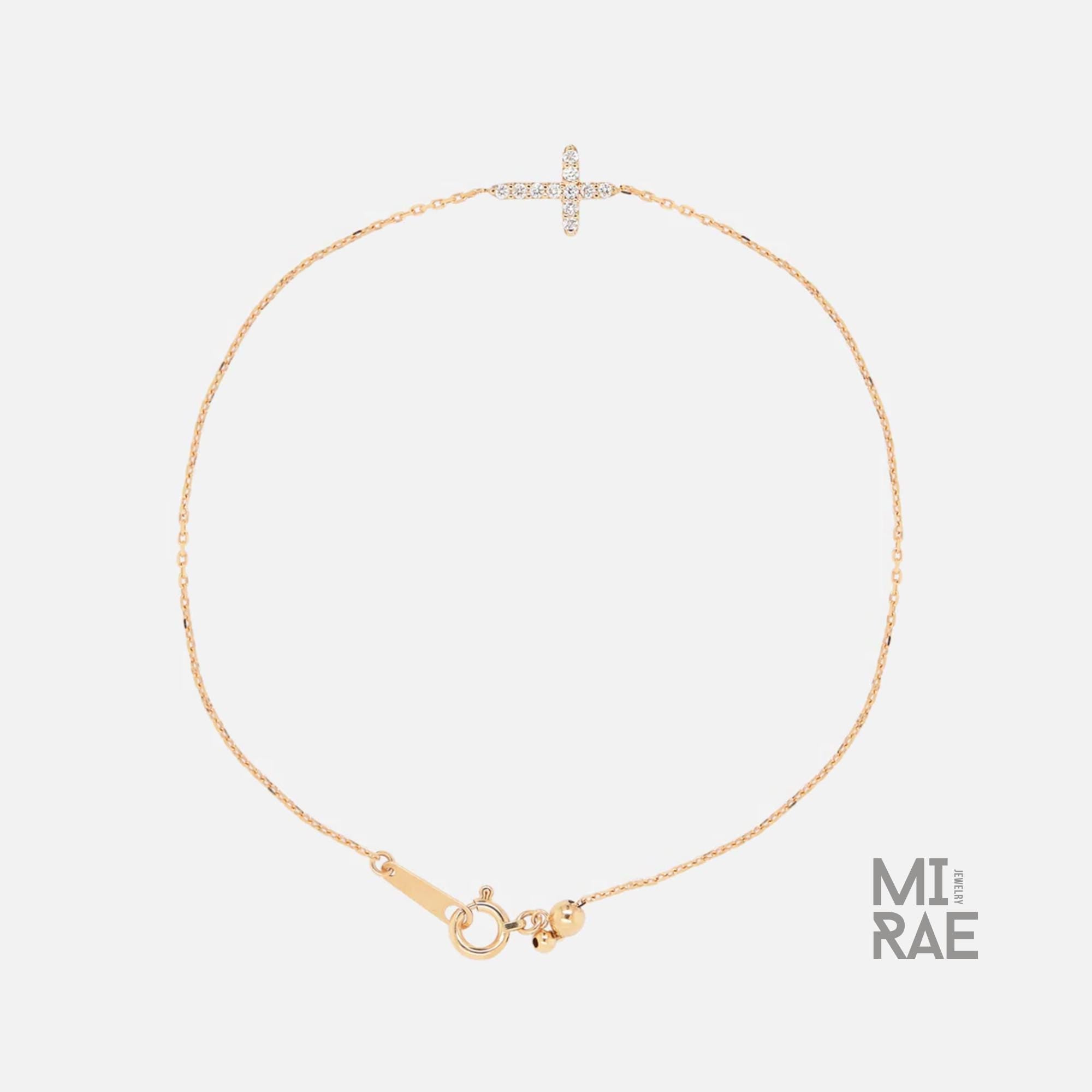 14K Gold Diamond Small Cross Bracelet, Dainty Minimalist Christian Jewelry, Solid Gold, Lab Grown Diamond, Dainty Stackable Bracelet
