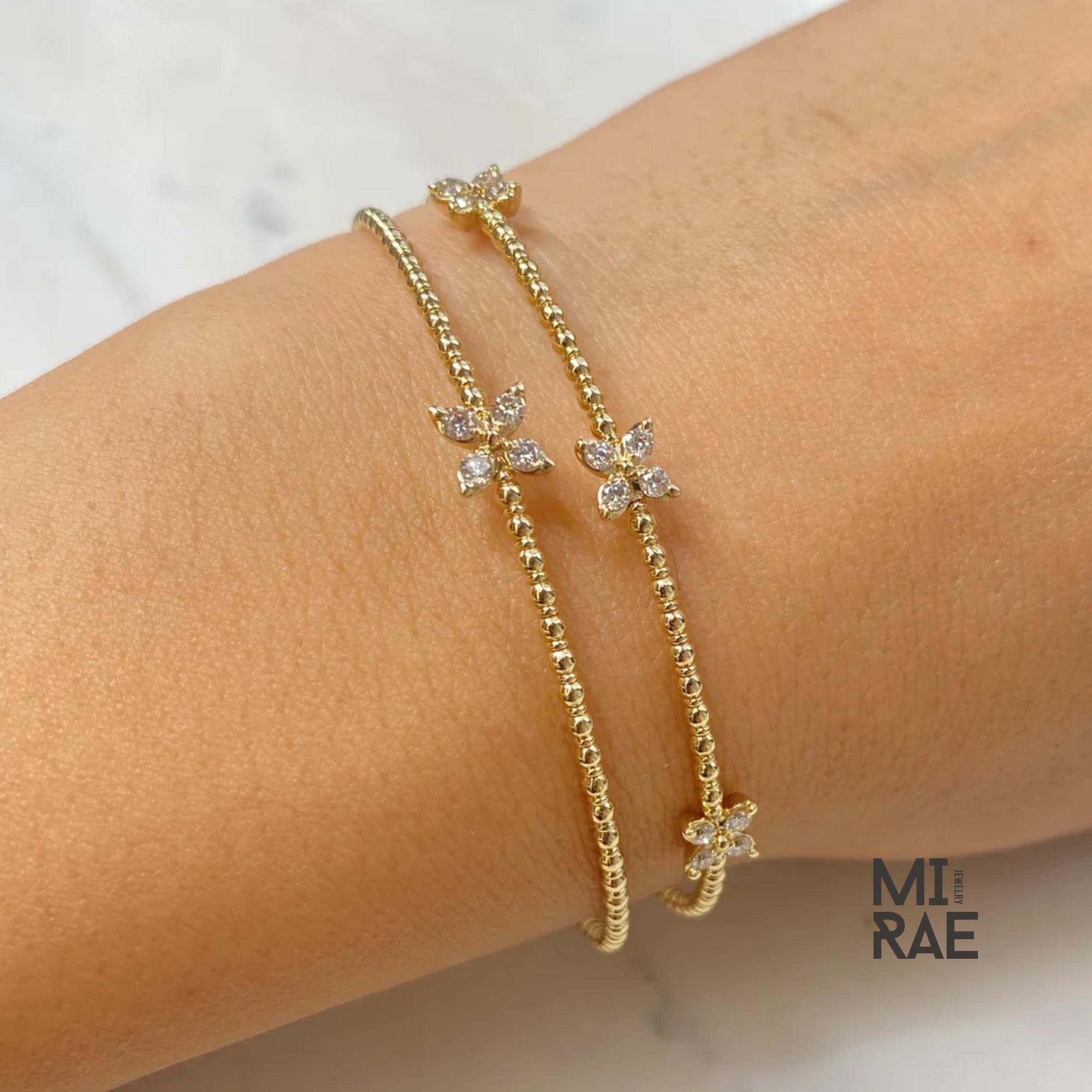 Beaded Diamond Butterfly Bracelet, Stackable Flower Bangle Bracelet, Premium 14K Solid Gold, Yellow White Rose, Flexible Diamond Bangle Gift