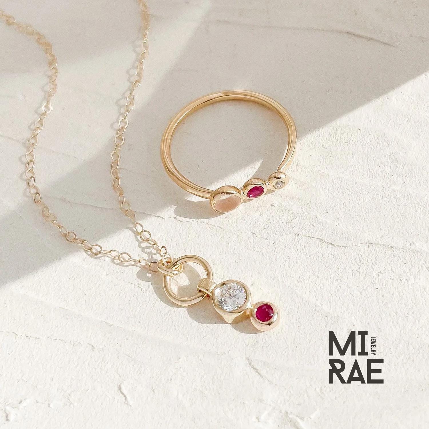 Moonstone Ruby Diamond 14K Gold Ring: Three Stone Wedding Band