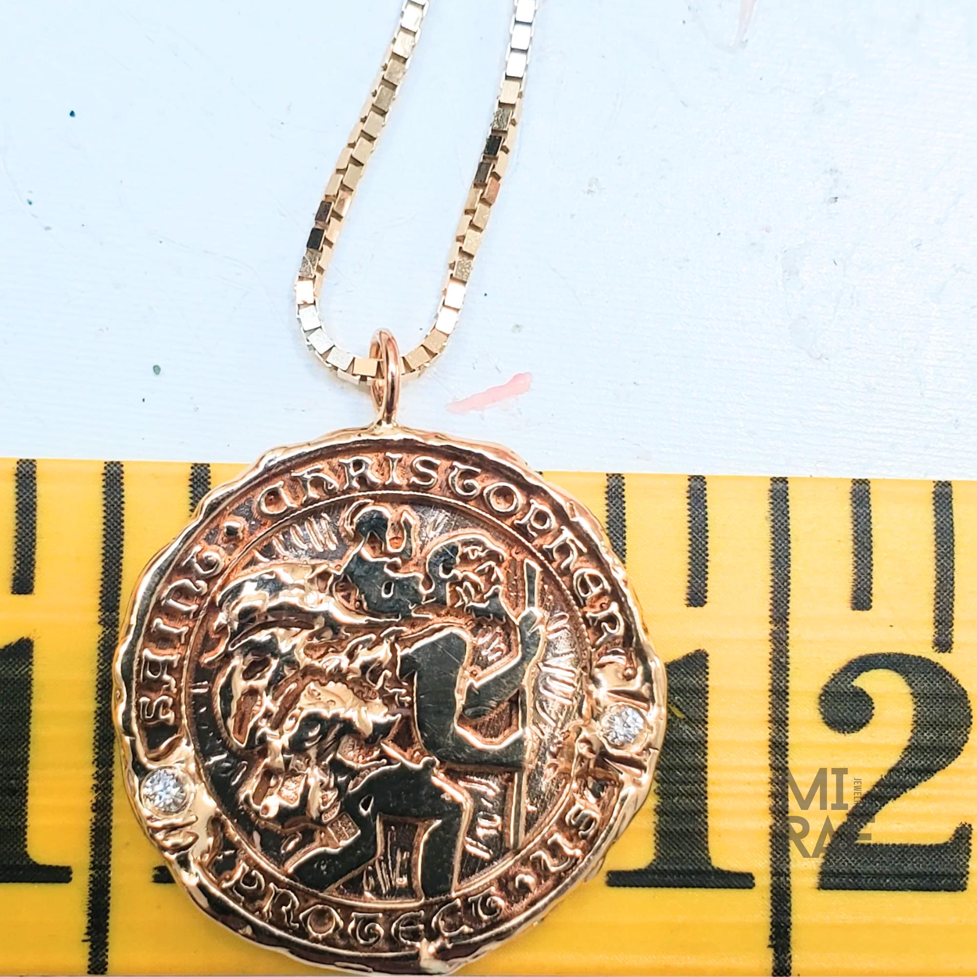 St. Christopher Miraculous Medallion | Patron Saint of Travel | Diamond Accent Gold Pendant