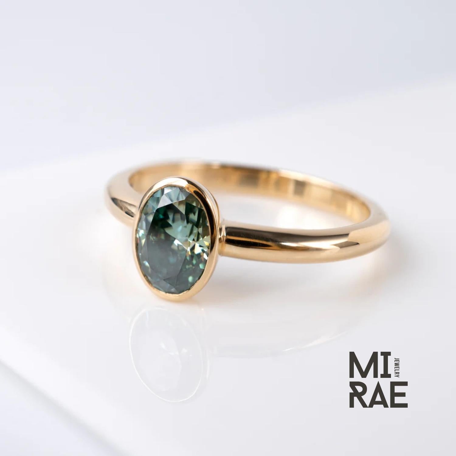 Teal Green Moissanite Ring Oval Cut 14K Yellow Gold Bezel Ring
