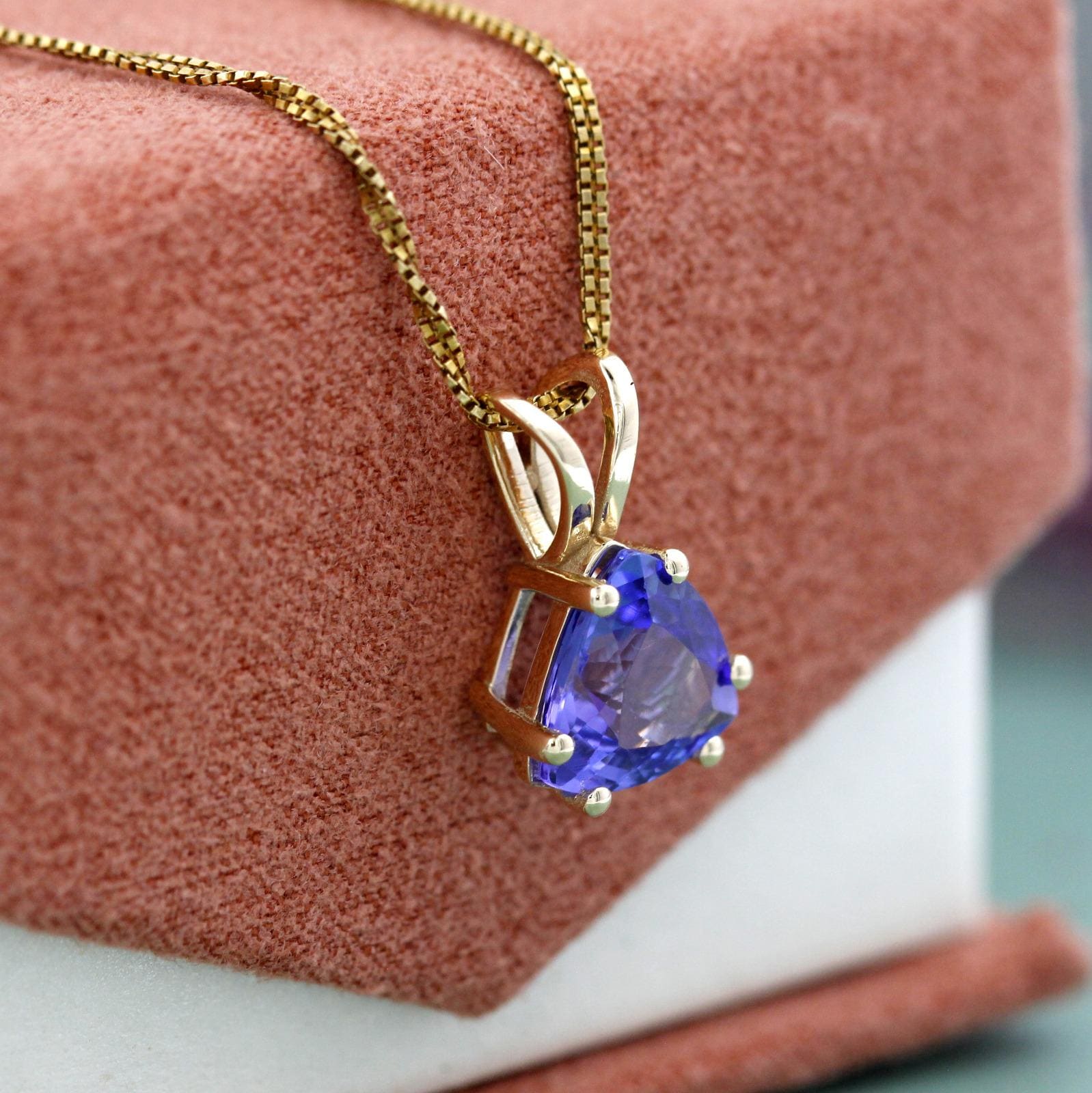 Trillion Cut Tanzanite Pendant | Natural Blue Violet Gemstone Jewelry | 2 Carat Solitaire 14K Yellow Gold Charm Necklace