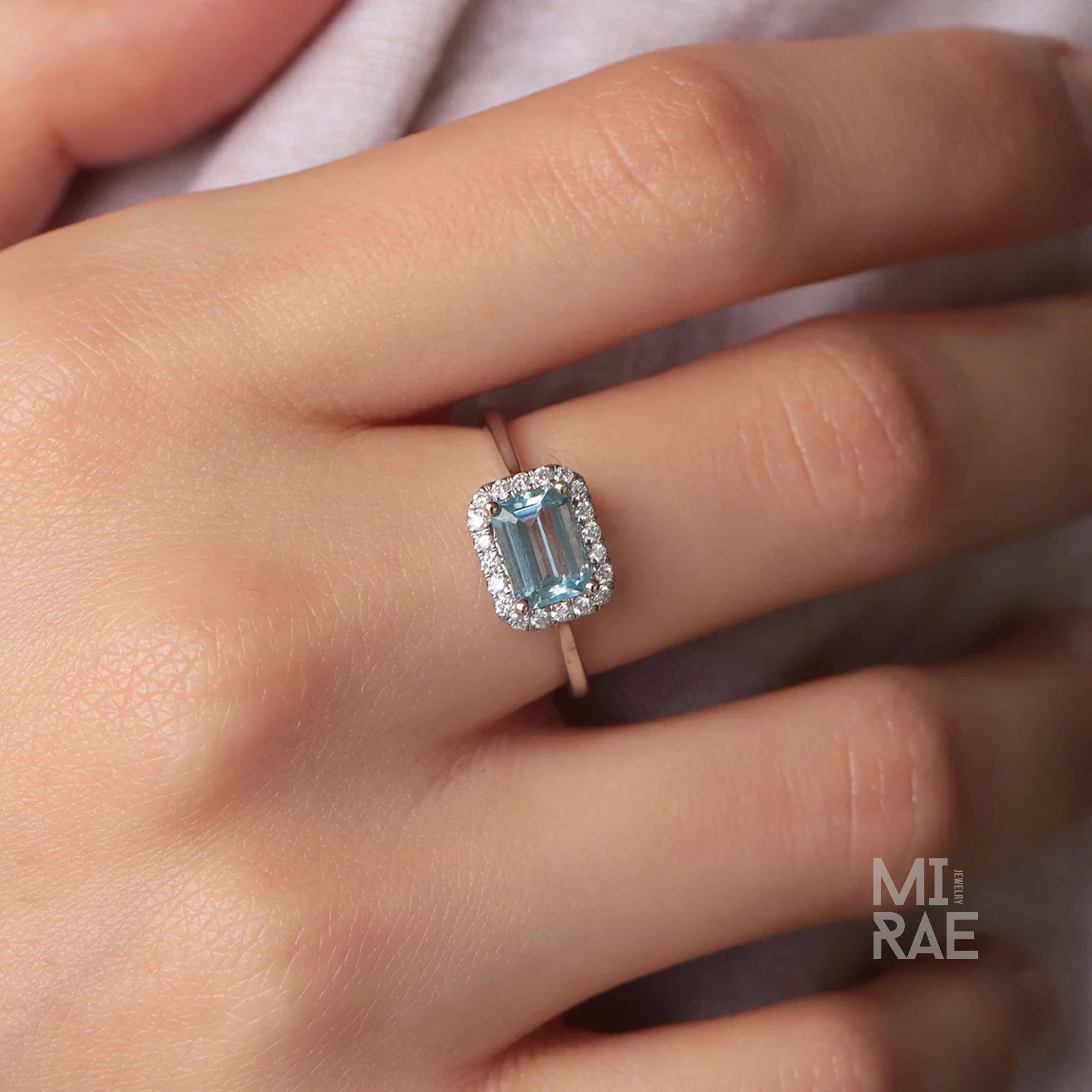 Royal East West Aquamarine Ring | Emerald Cut Halo Diamond Ring | 14K Gold Statement Ring