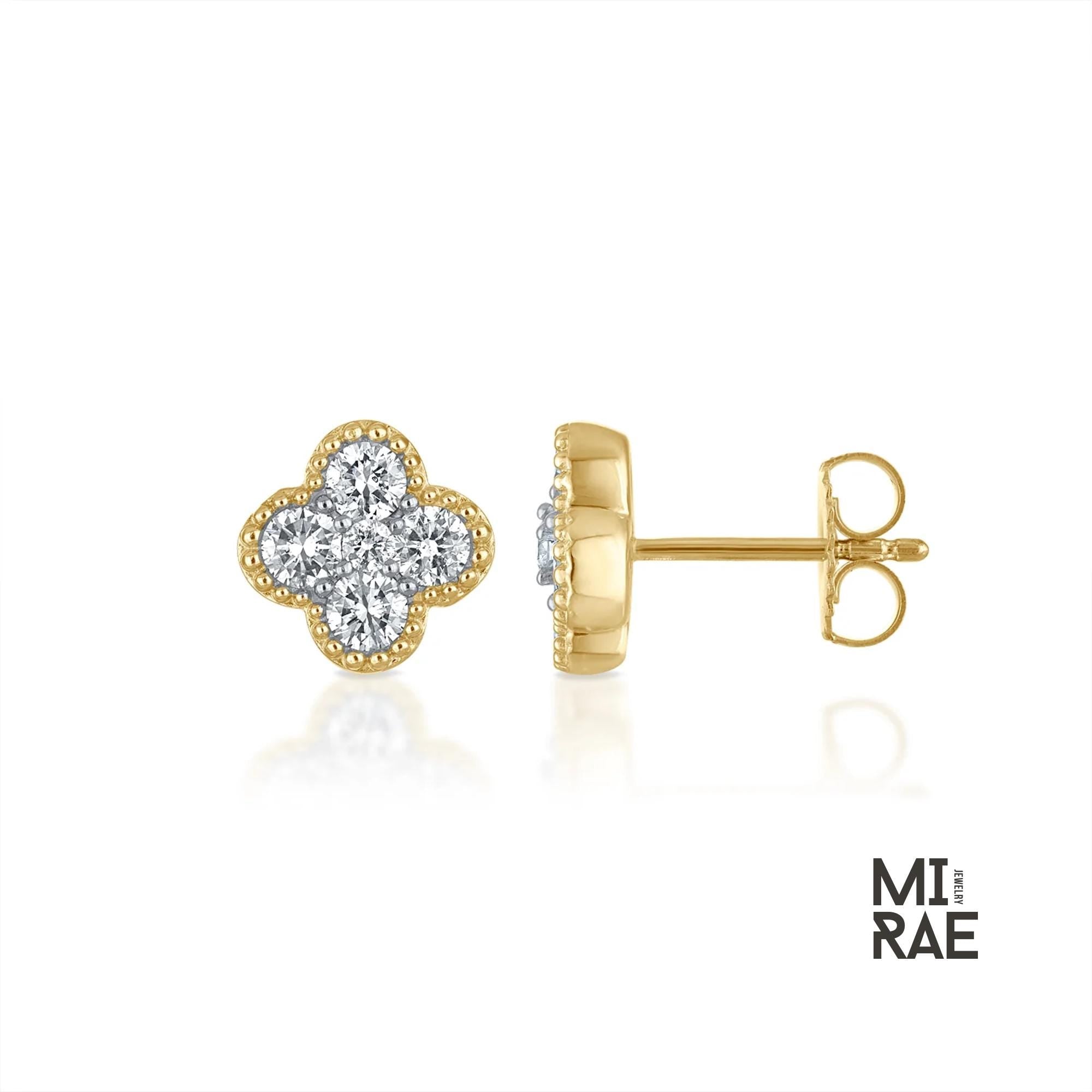 14K Gold Diamond Clover Stud Earrings: Dainty Floral Design