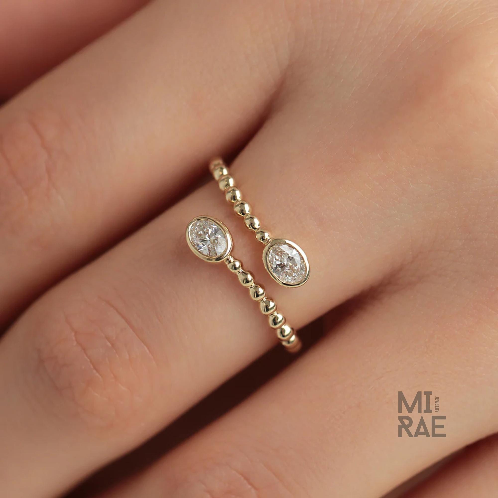 Oval Cut Lab Grown Diamond Engagement Ring in Open Gap Bypass Setting, Two Stone Band Ring, 14K Gold Wedding Ring, Finger Wrap Ring