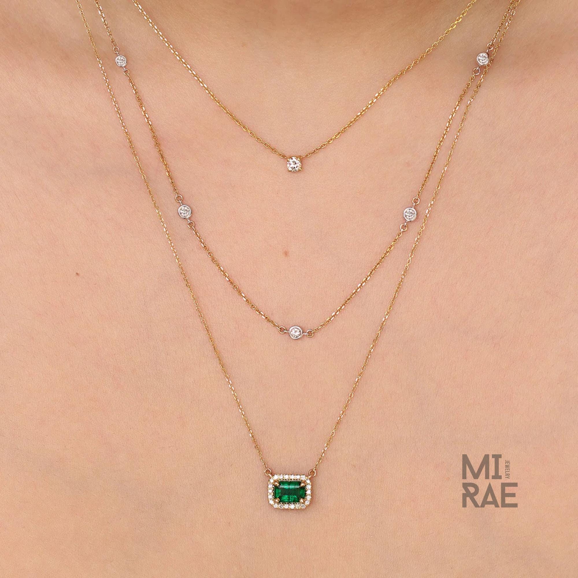 1 CT Natural Emerald Gemstone with Diamond Halo Pendant Necklace