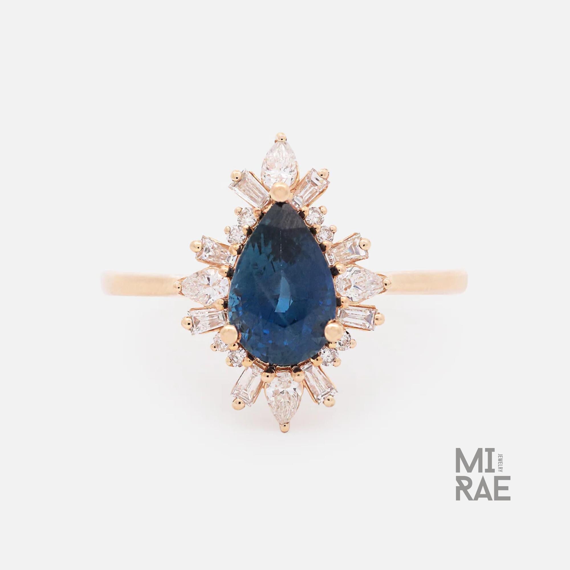 Sapphire & Diamond Drop Ring | Blue Ceylon Sapphire Halo Ring | Elegant Statement Ring