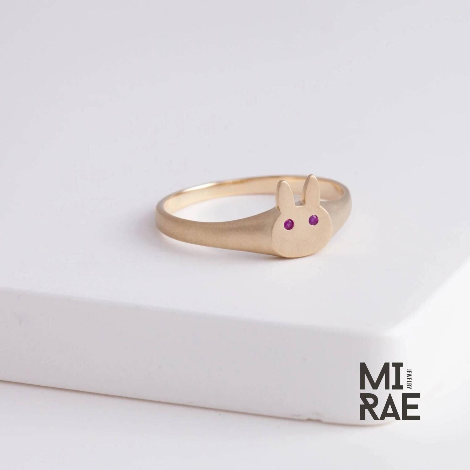10K Gold Bunny Signet Ring: Diamond or Ruby Accent, Dainty Animal Jewelry