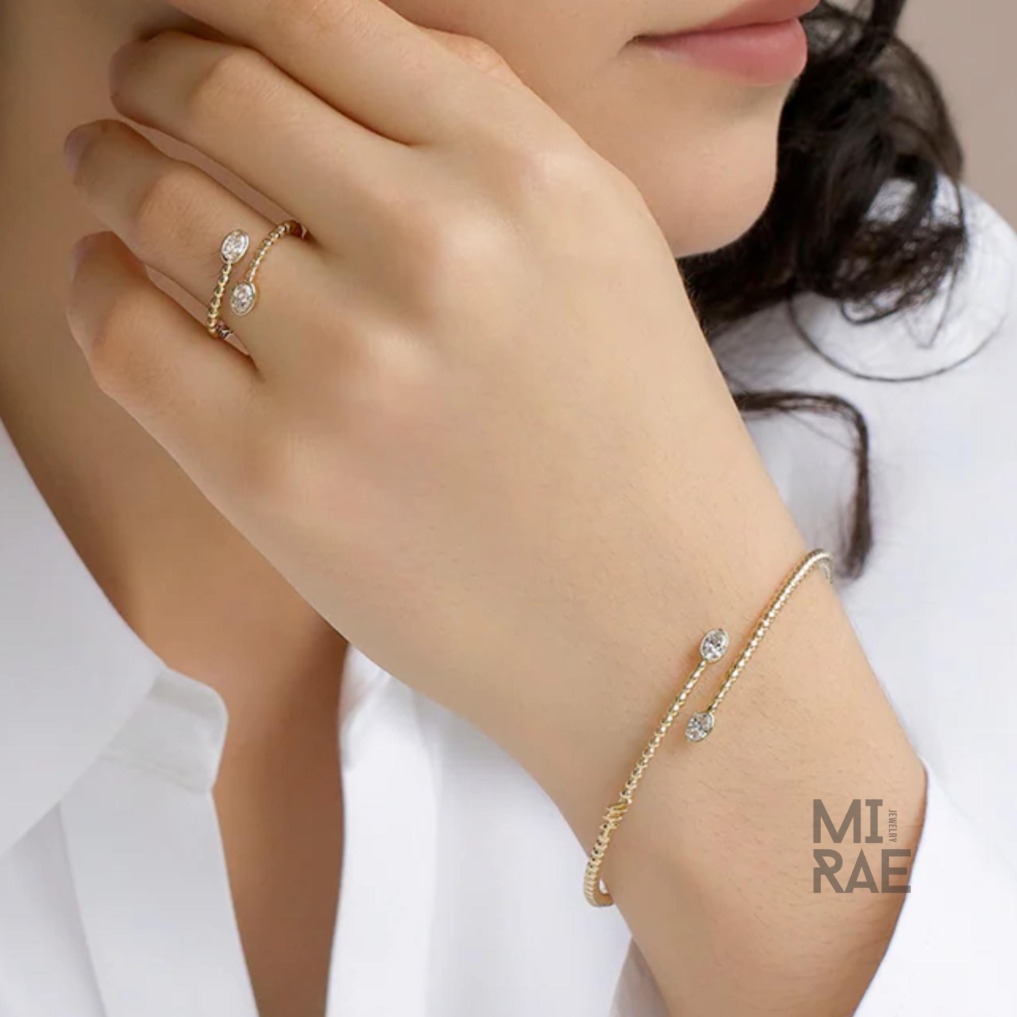 Oval Cut Lab Grown Diamond Engagement Ring in Open Gap Bypass Setting, Two Stone Band Ring, 14K Gold Wedding Ring, Finger Wrap Ring