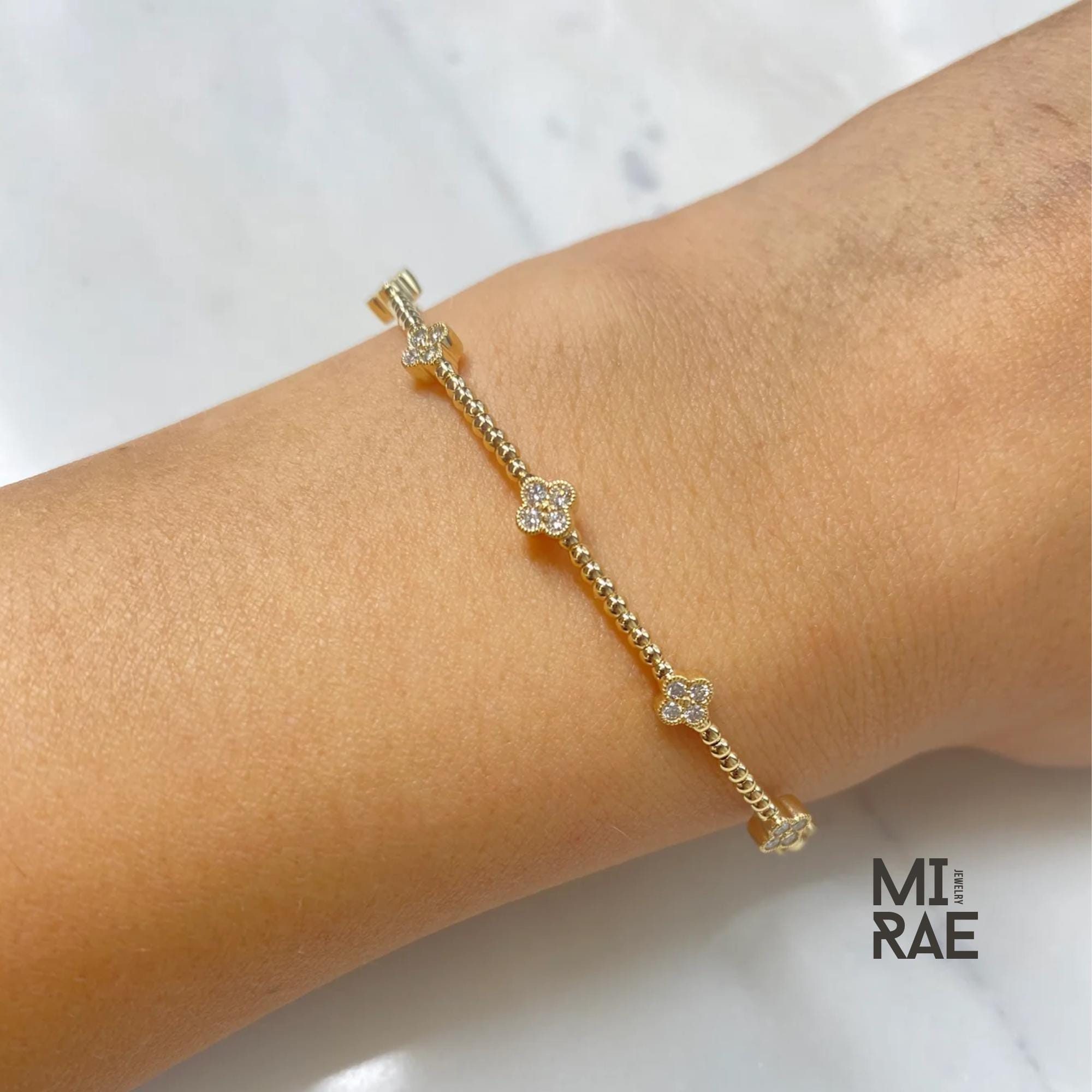 1TCW Lab Grown Diamond Clover Bracelet: 14k Gold Beaded Bangle