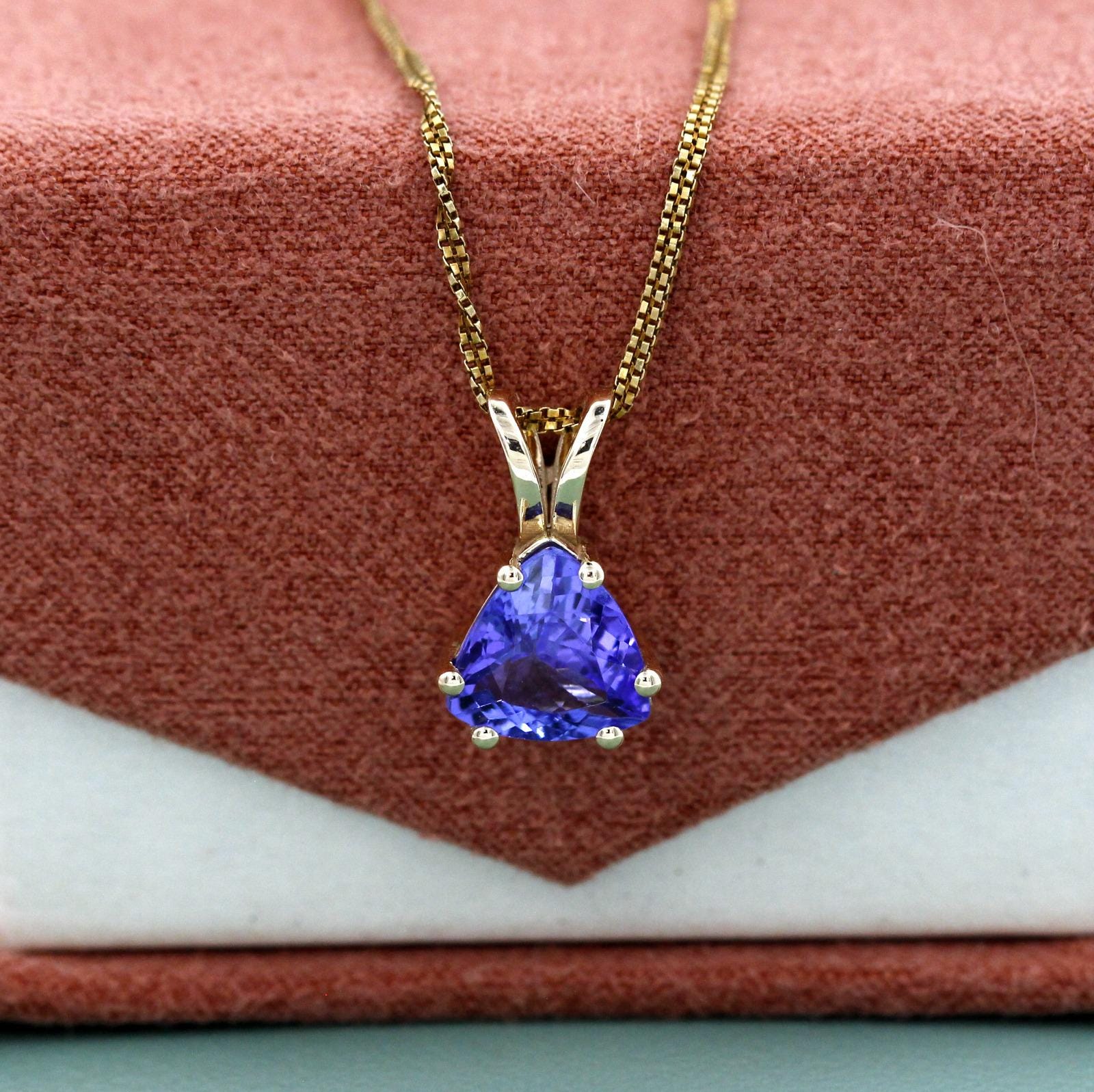 Trillion Cut Tanzanite Pendant | Natural Blue Violet Gemstone Jewelry | 2 Carat Solitaire 14K Yellow Gold Charm Necklace