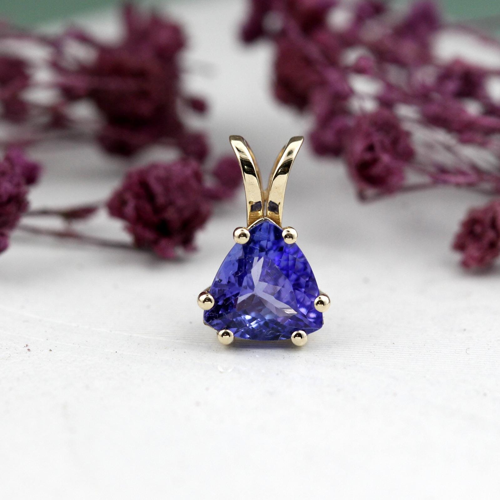 Trillion Cut Tanzanite Pendant | Natural Blue Violet Gemstone Jewelry | 2 Carat Solitaire 14K Yellow Gold Charm Necklace