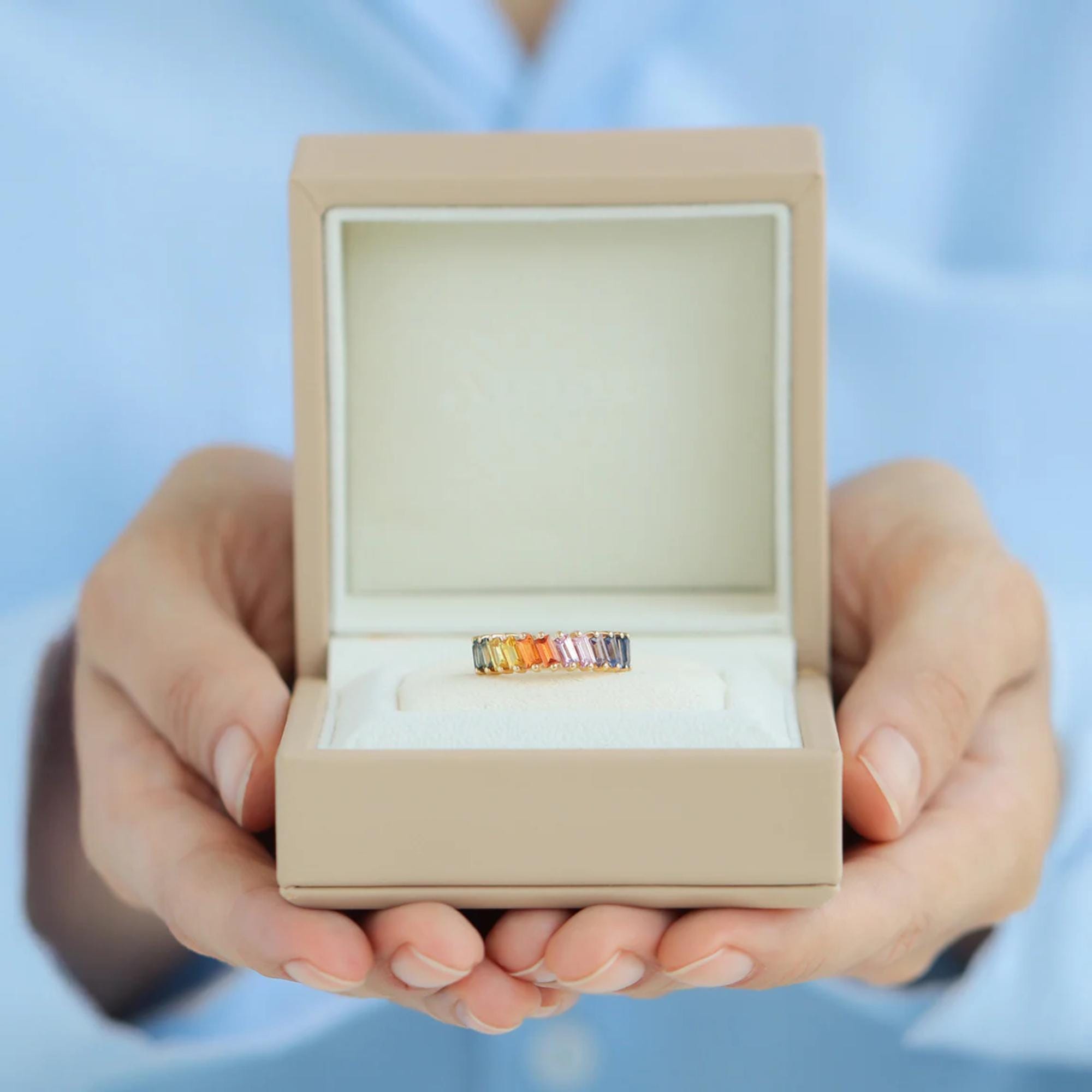 Rainbow Natural Sapphire Ring | Prismatic 14K Yellow Gold Multicolor Gemstone Ring | Bold Gradient Statement Jewelry