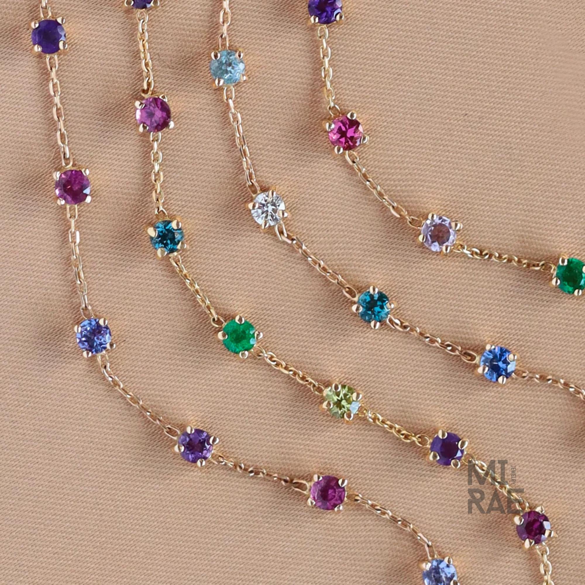 Colorful Rainbow Gemstone Chain Link Bracelet | Multi Color Natural Stone Bracelet | 14K Gold Adjustable Bracelet