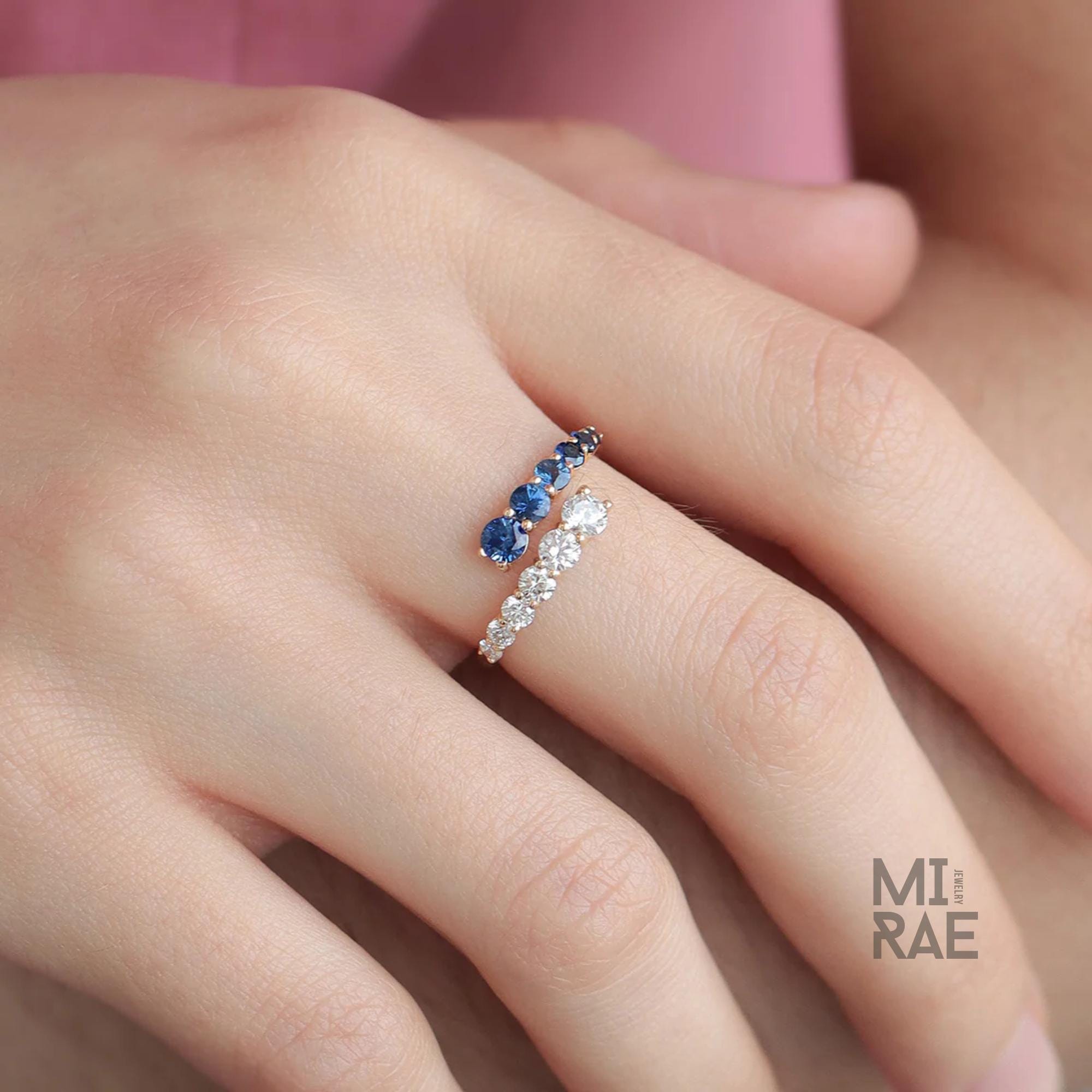 14k Yellow Gold Sapphire & Diamond Wrap Ring, Adjustable Spiral Ring, Open Lab Grown Diamond Stackable Ring, Bypass Trendy Jewelry For Women