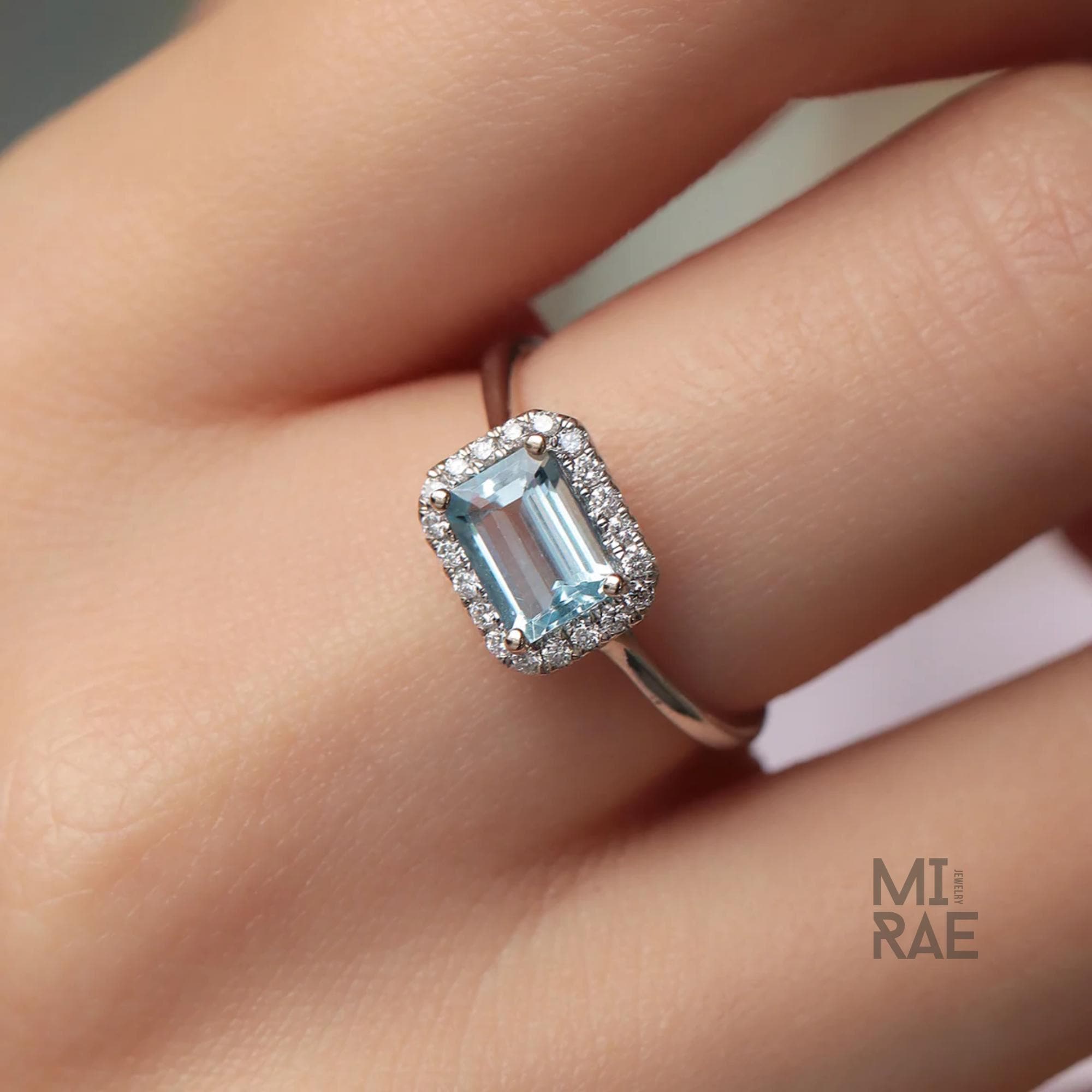 Royal East West Aquamarine Ring | Emerald Cut Halo Diamond Ring | 14K Gold Statement Ring