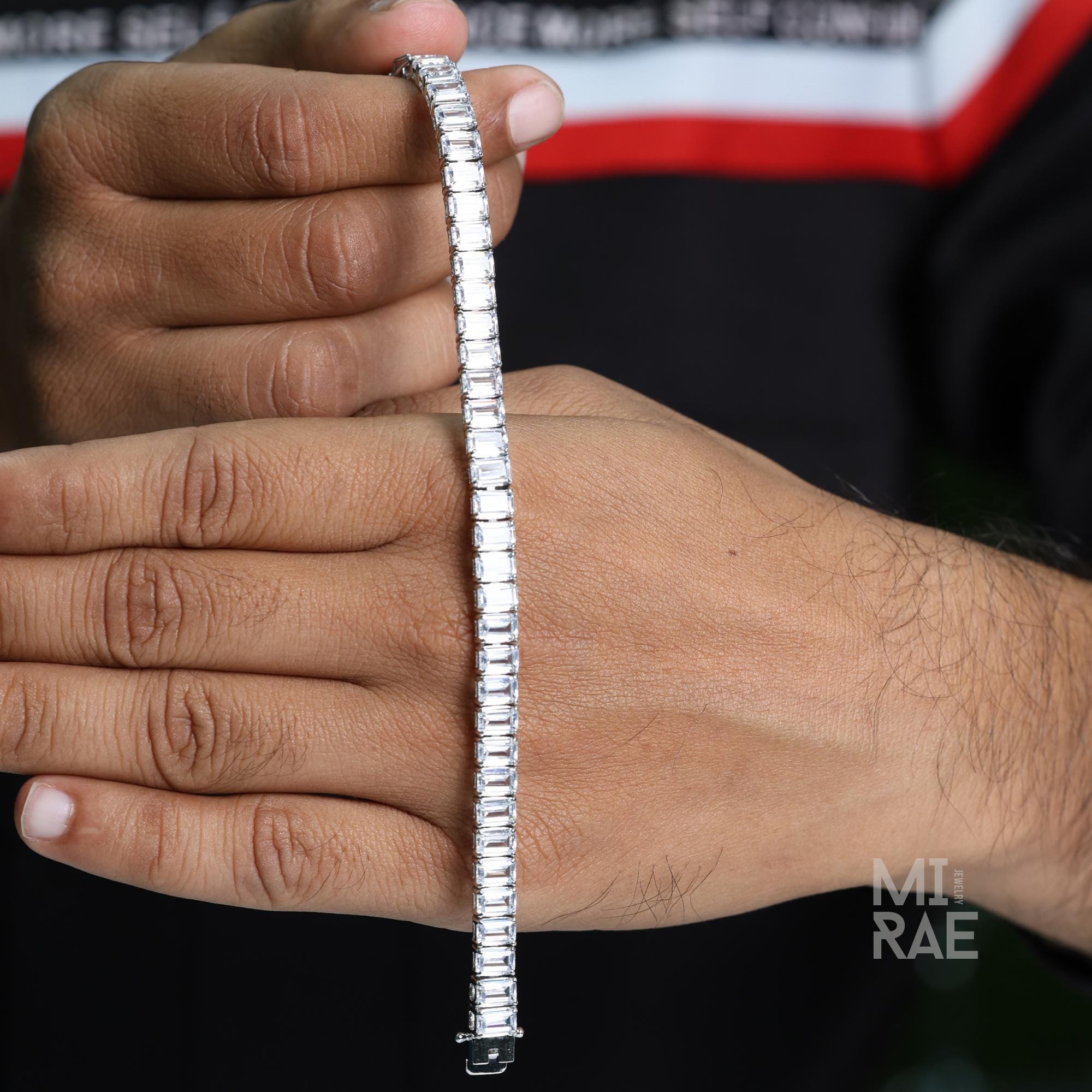 Men's Emerald Cut Cubic Zirconia Tennis Bracelet 925 Sterling Silver Adjustable 6-8 Inch β Unisex Modern Jewelry Gift