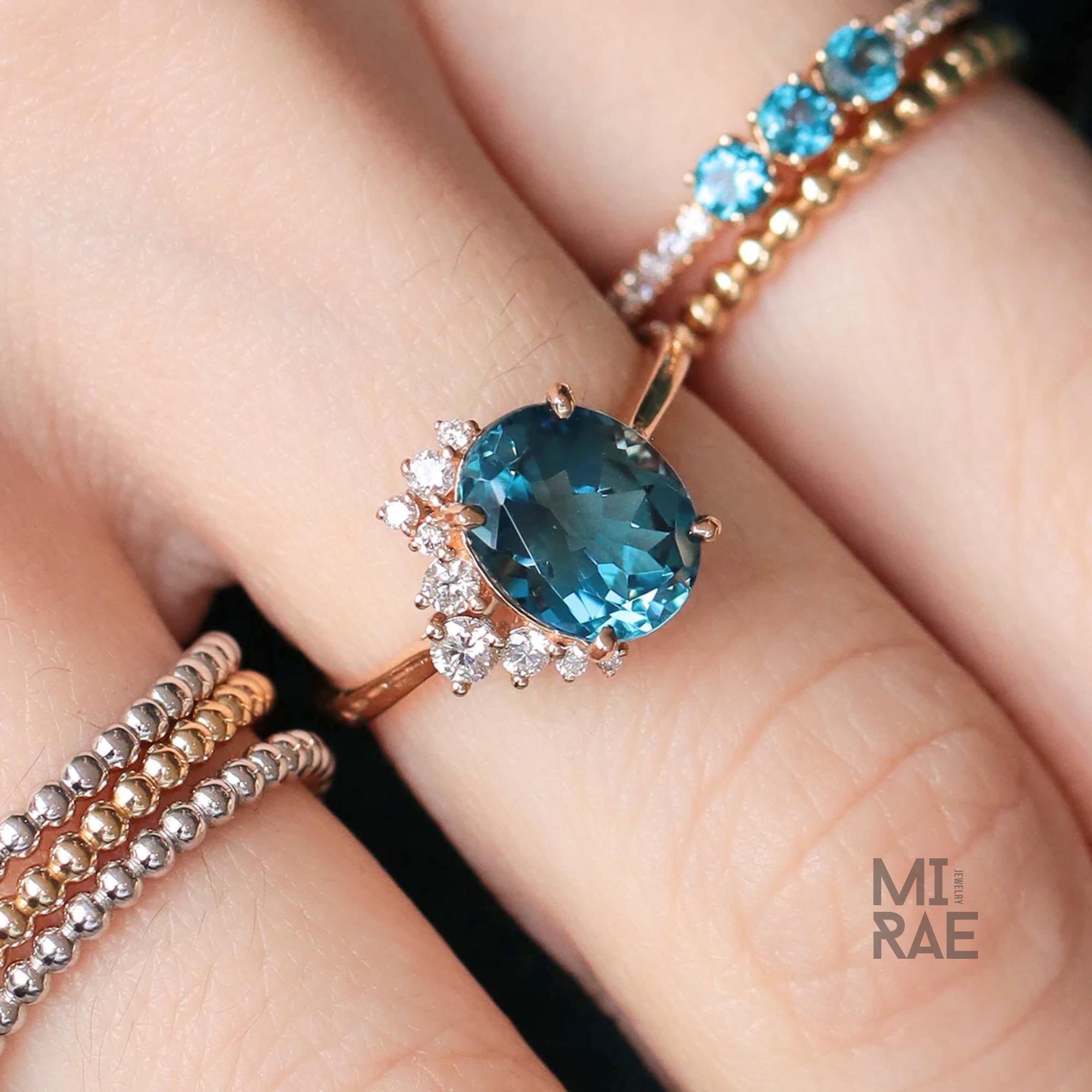 Natural London Blue Topaz & Diamond Ring | Serene Blue Gemstone Statement Ring | Elegant Halo Engagement Ring