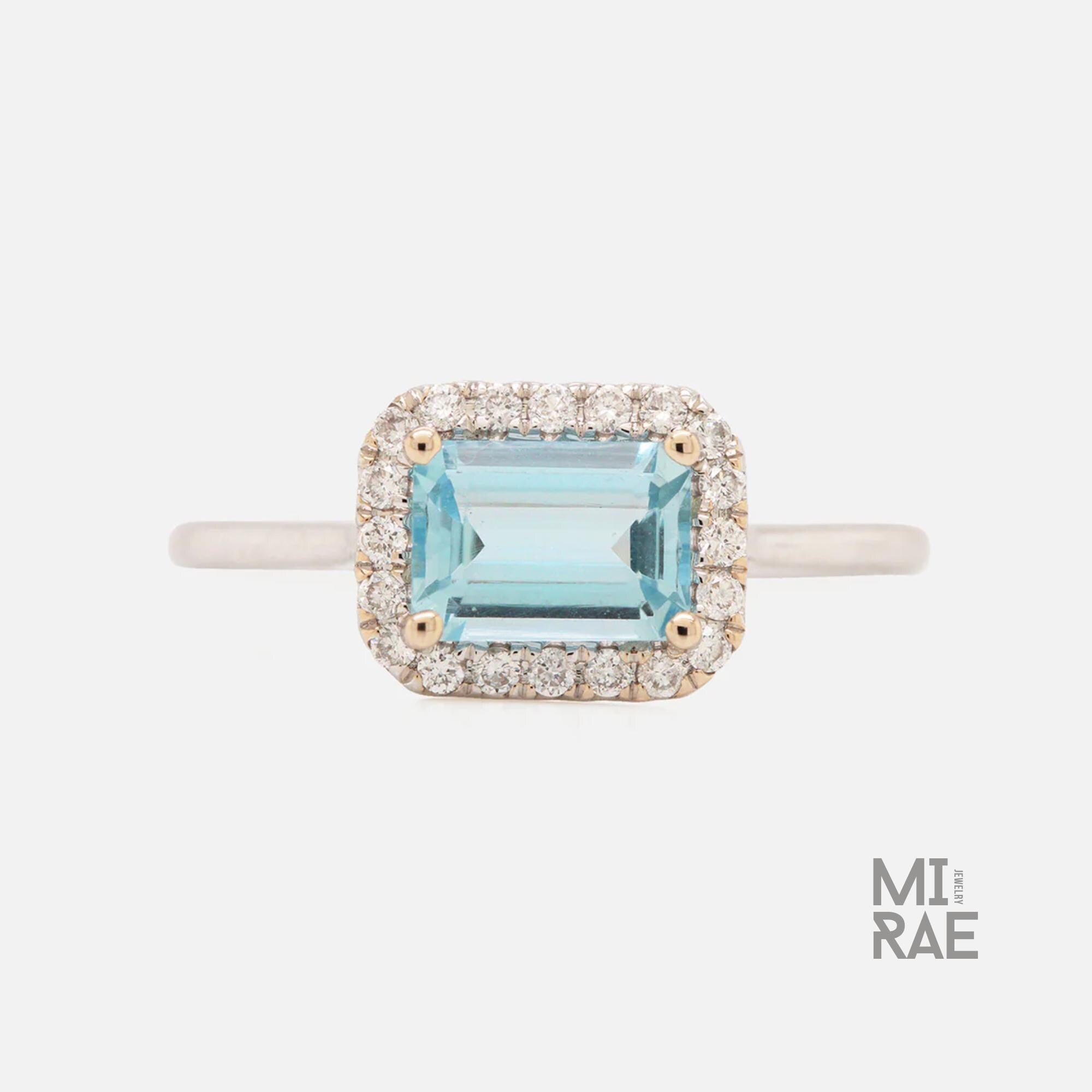 Royal East West Aquamarine Ring | Emerald Cut Halo Diamond Ring | 14K Gold Statement Ring