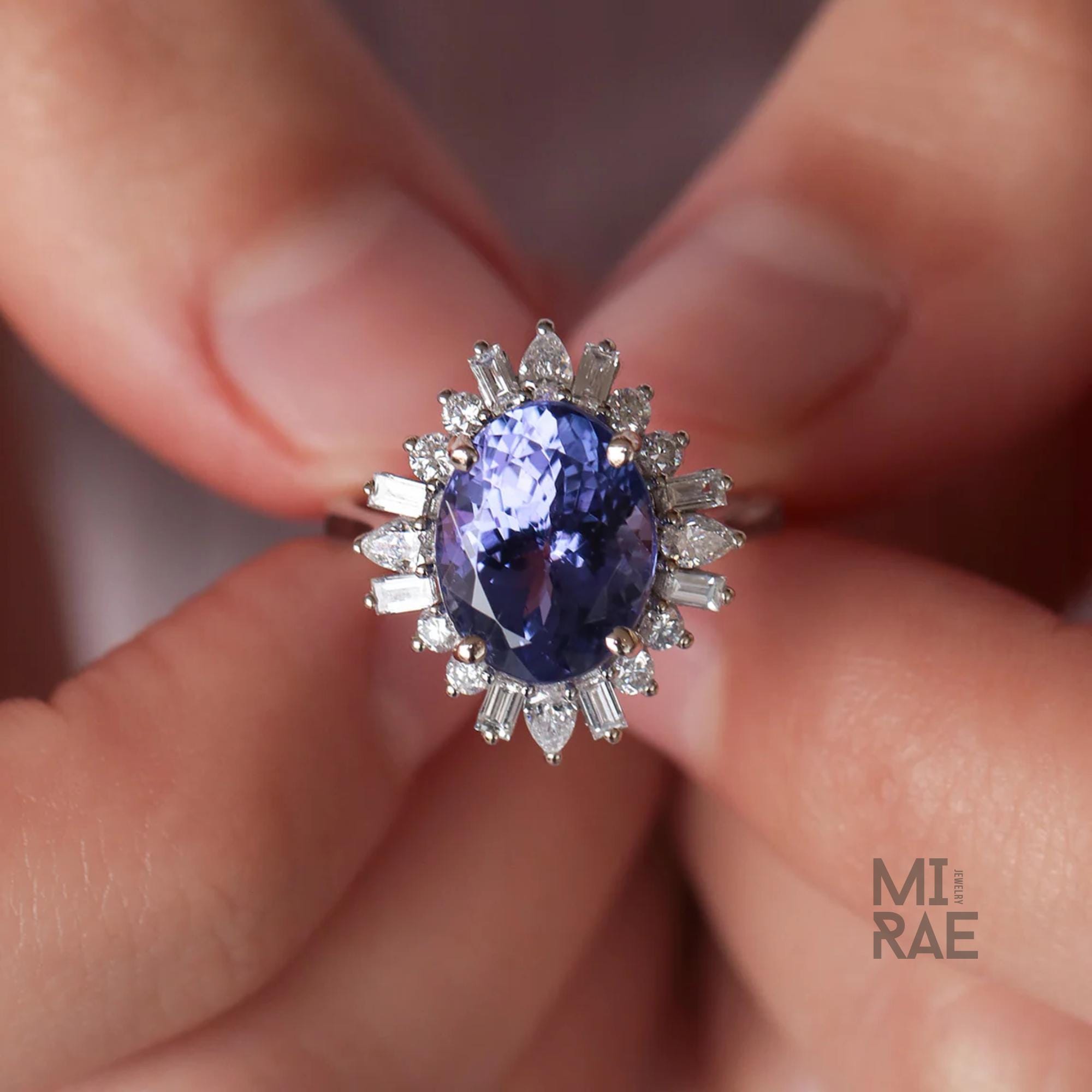 5 Carat Oval Tanzanite & Lab Diamond Halo Ring: 14k Gold Cocktail Ring