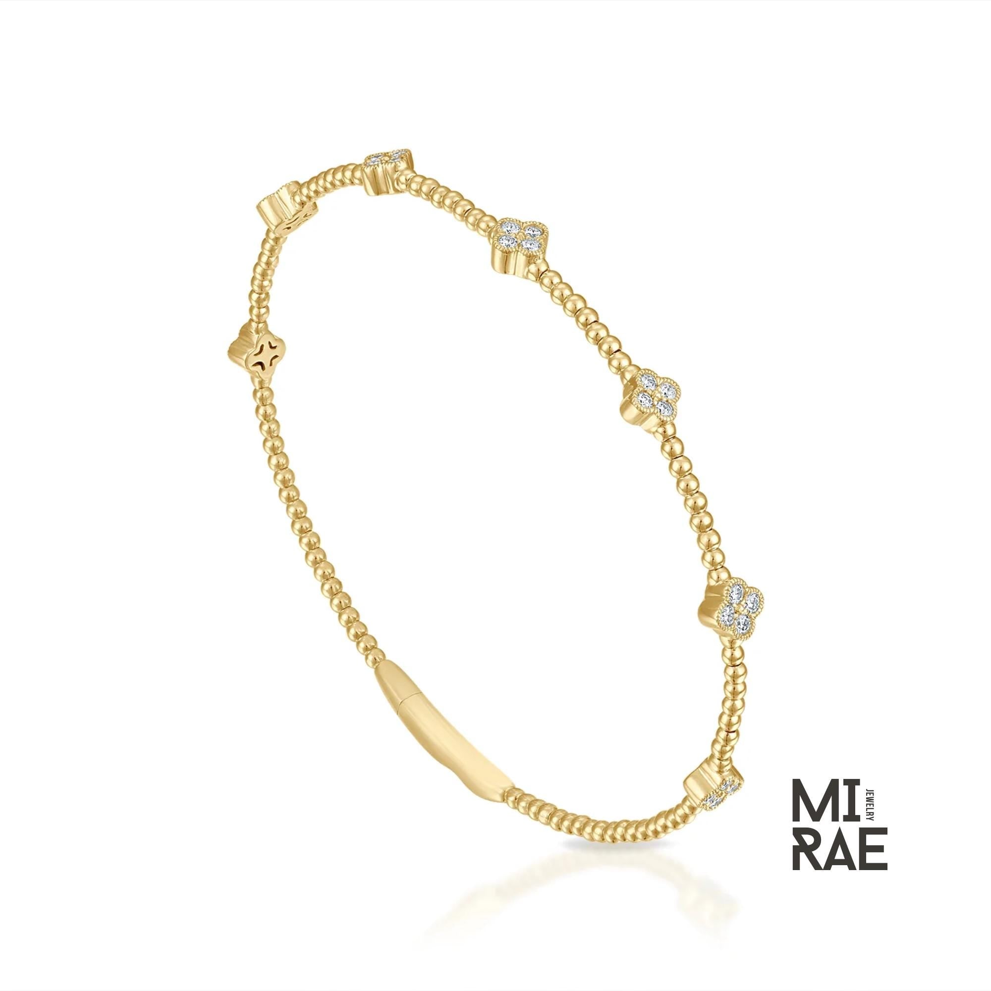 1TCW Lab Grown Diamond Clover Bracelet: 14k Gold Beaded Bangle