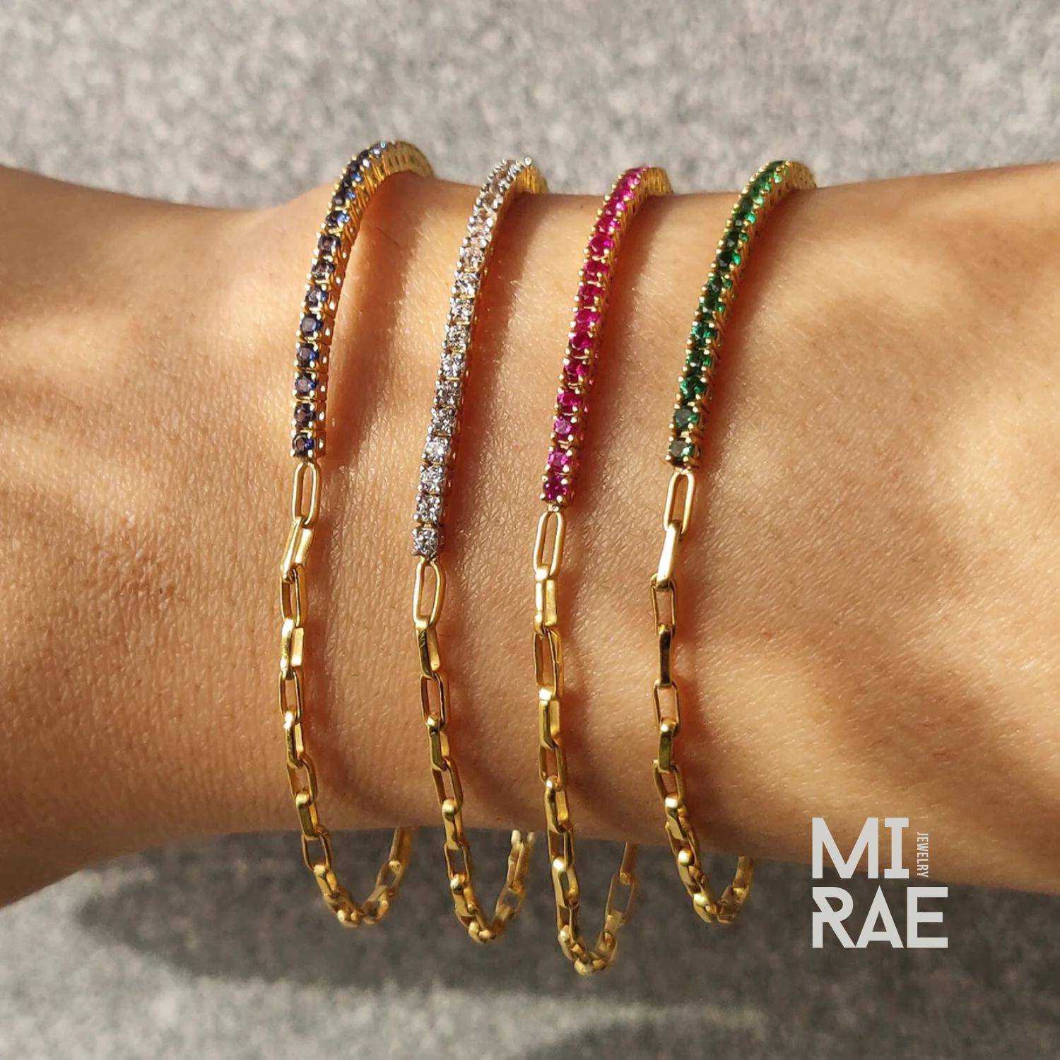 Half Tennis & Half Paperclip Chain Bracelet, Dainty Gold Minimalist Jewelry, Luxury Gift for Her, Stacking Adjustable Birthstone Link Chain