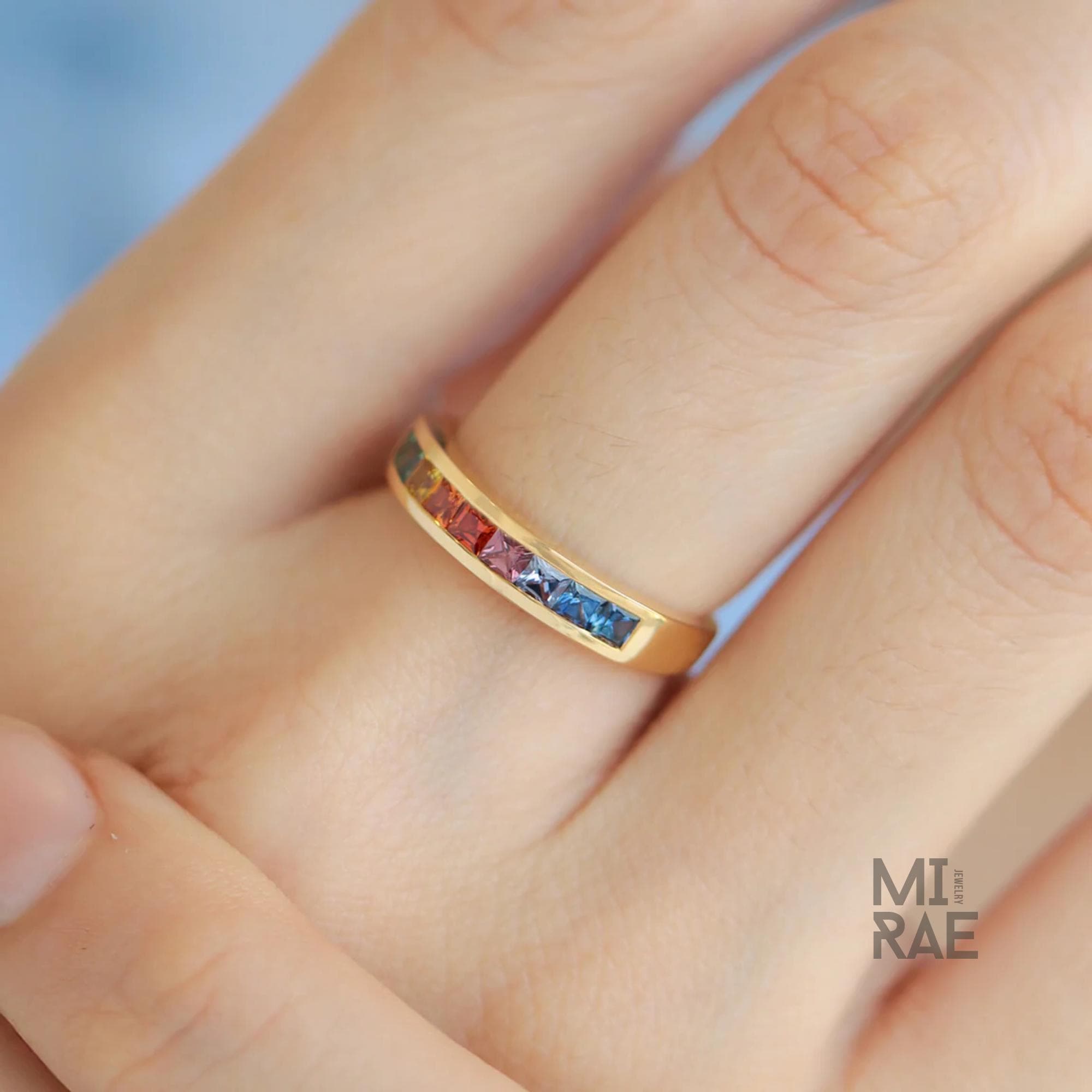 14K Yellow Gold Princess Cut Sapphire Band | Multi Color Gemstone Ring | Rainbow Gold Stacking Ring