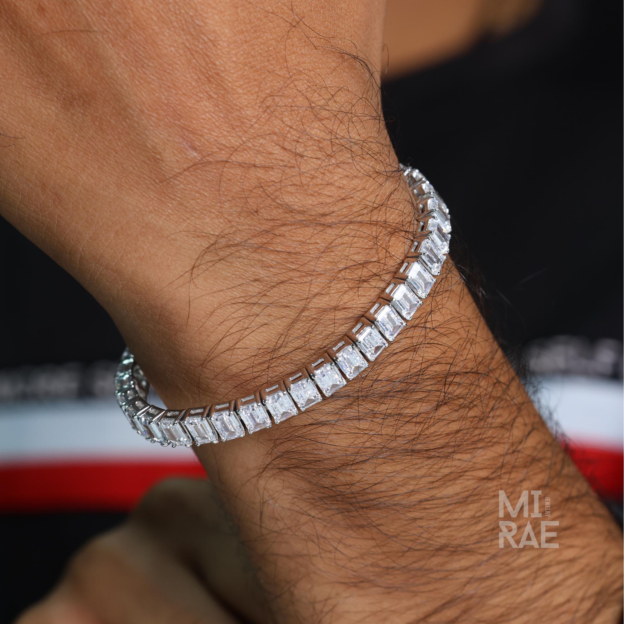 Men's Emerald Cut Cubic Zirconia Tennis Bracelet 925 Sterling Silver Adjustable 6-8 Inch – Unisex Modern Jewelry Gift