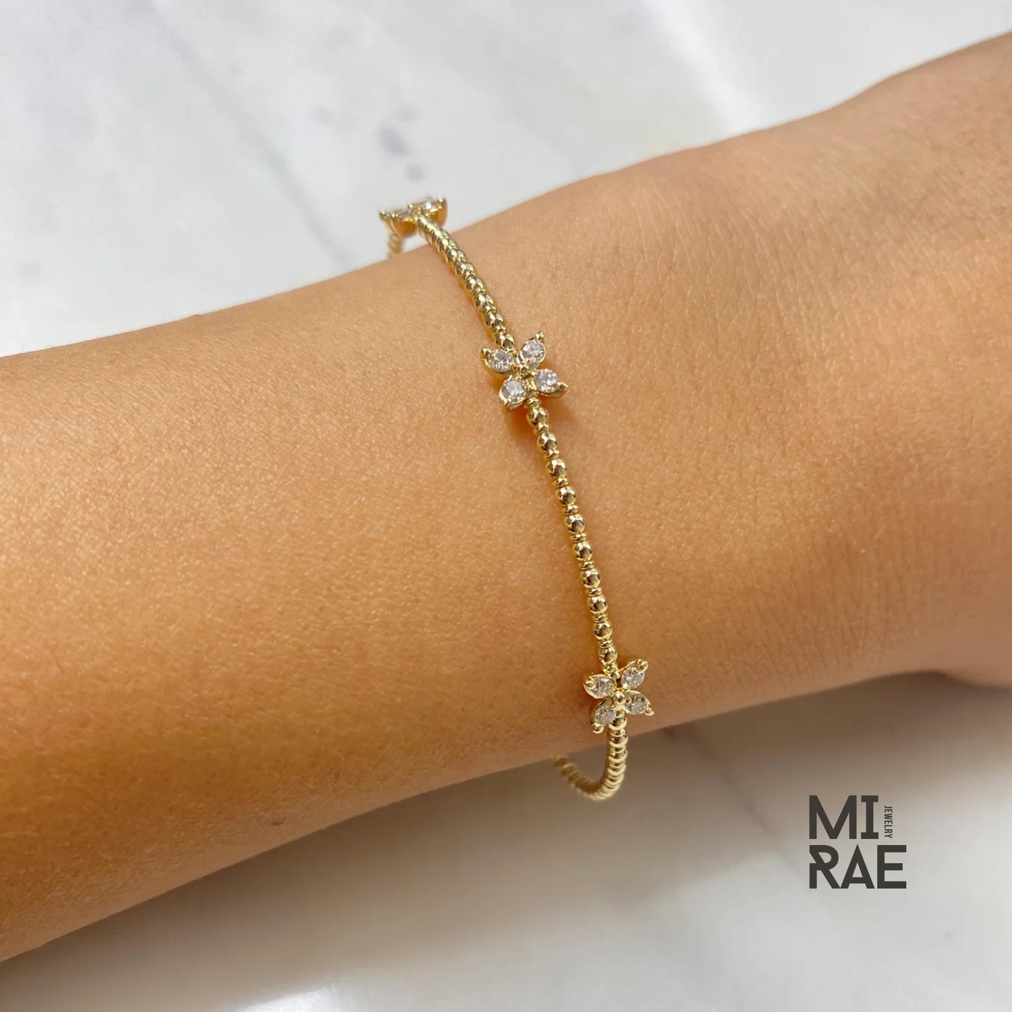 Beaded Diamond Butterfly Bracelet, Stackable Flower Bangle Bracelet, Premium 14K Solid Gold, Yellow White Rose, Flexible Diamond Bangle Gift