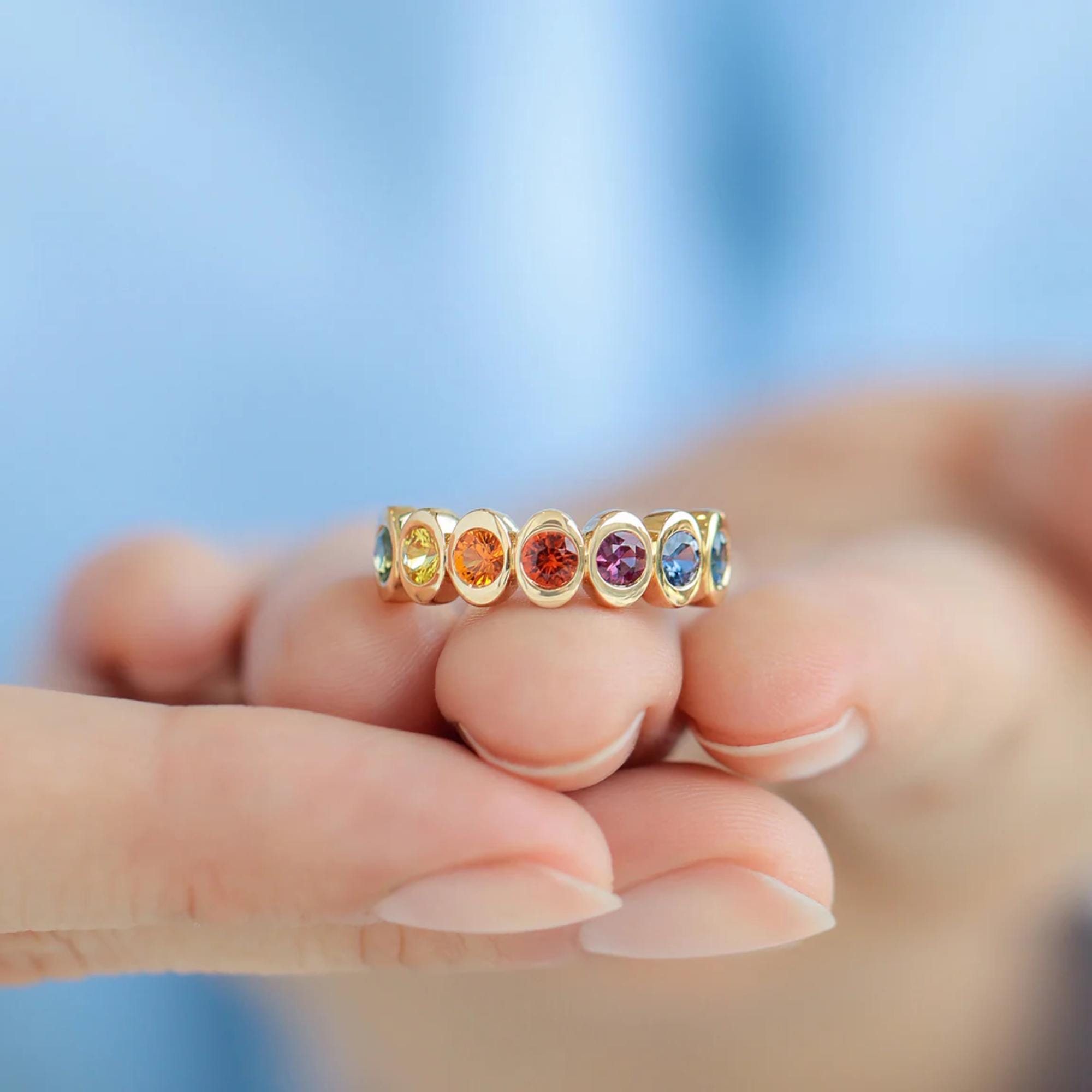 14K Yellow Gold Rainbow Natural Sapphire Multi Color Ring | Prismatic Colorful Gemstone Band | Modern Gradient Statement Ring