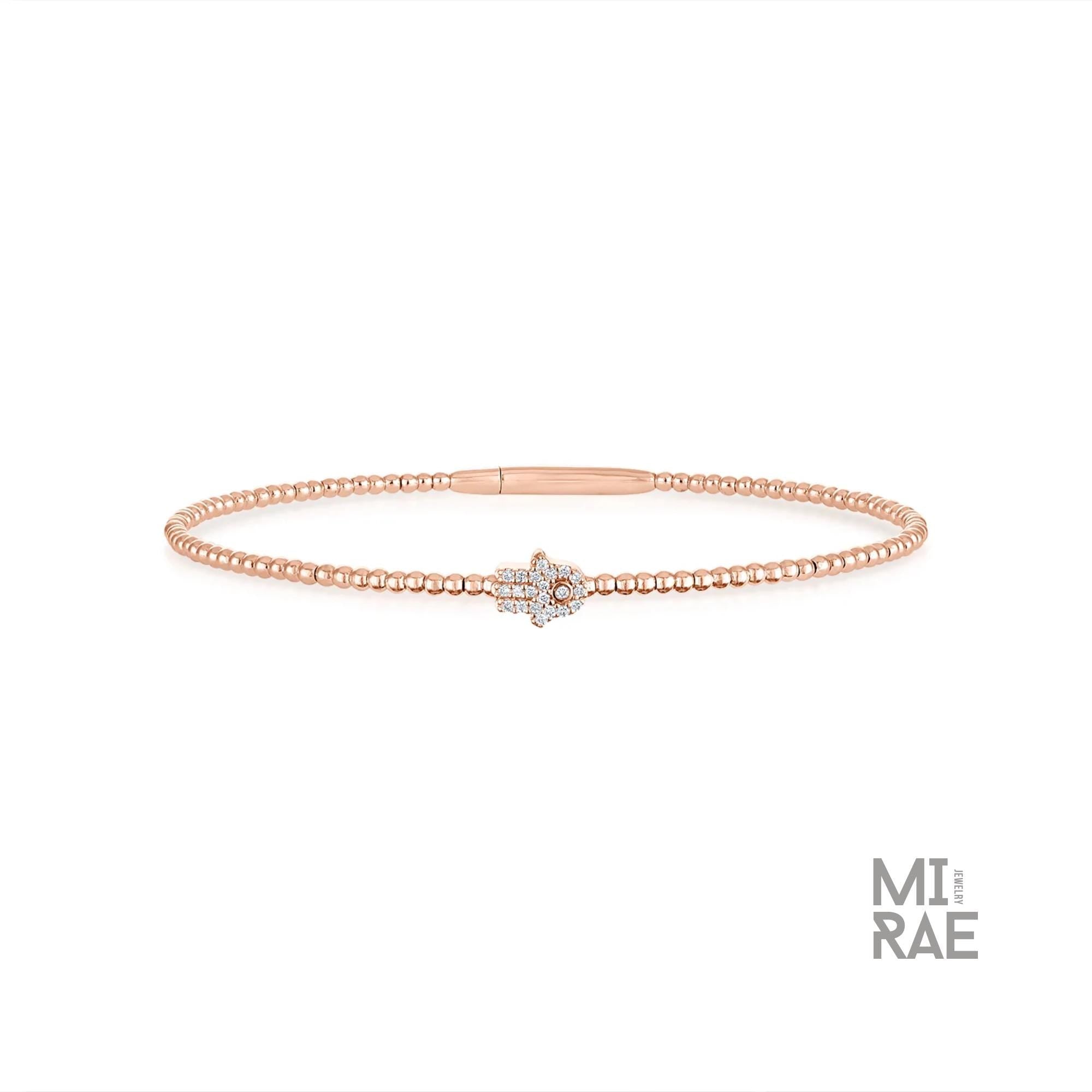 Diamond Hamsa Hand Bracelet in 14k Rose Gold, Hamsa Bracelet, Diamond Bangle, Stackable Bangle, Premium Yellow White, Flexible Bangle Gift