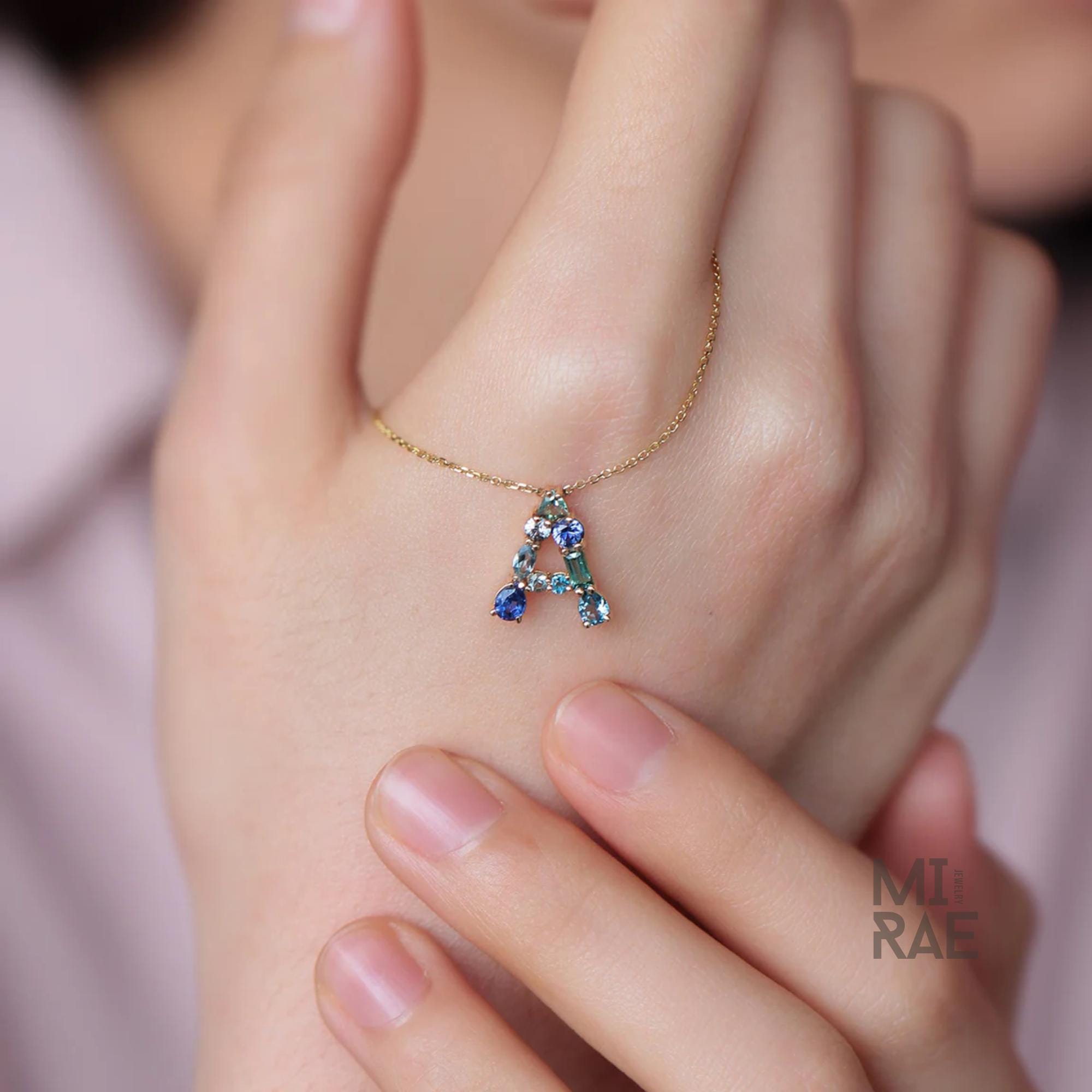Personalized Initial Pendant Necklace | Multi Natural Gemstone Letter Necklace | Handmade Birthstone Jewelry