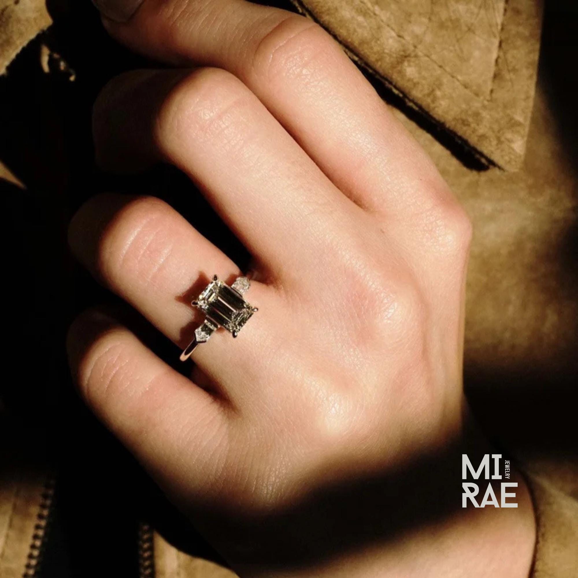 Emerald Cut 3 Carat Lab Grown Diamond Engagement Ring: Solid Gold Three Stone Pentagon