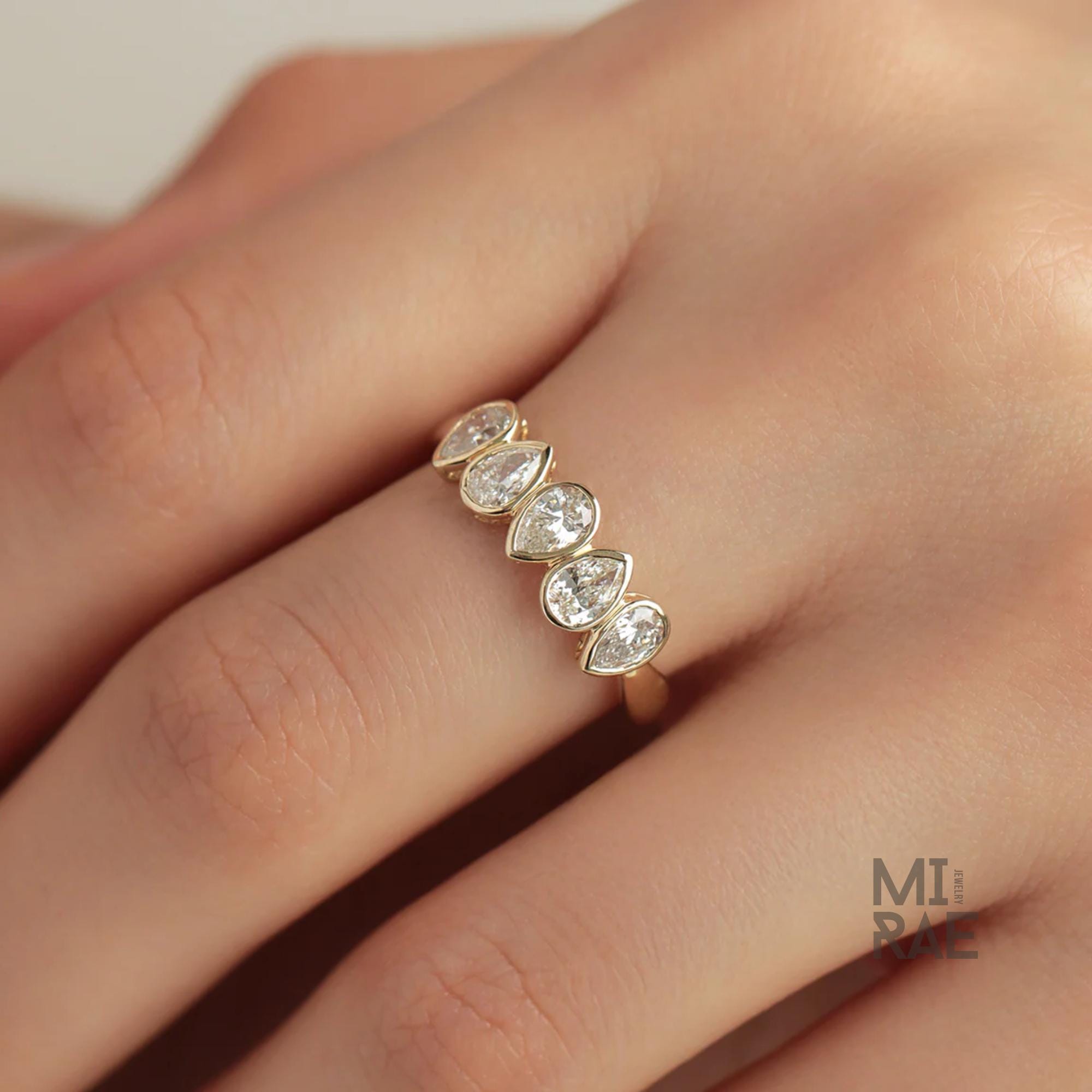 Pear Cut Diamond Drops Ring | Teardrop Half Eternity Band | Minimalist Lab Diamond Wedding Ring