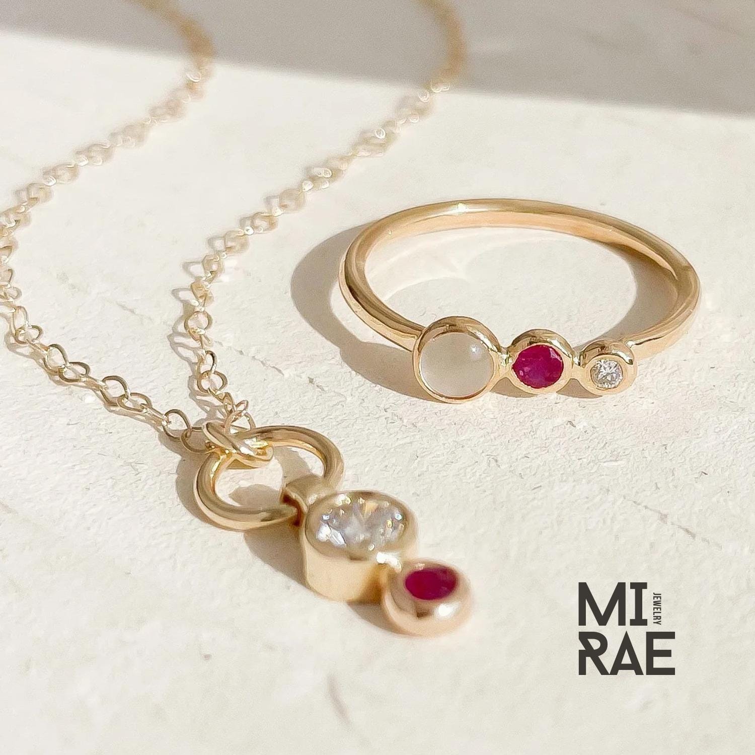 Moonstone Ruby Diamond 14K Gold Ring: Three Stone Wedding Band